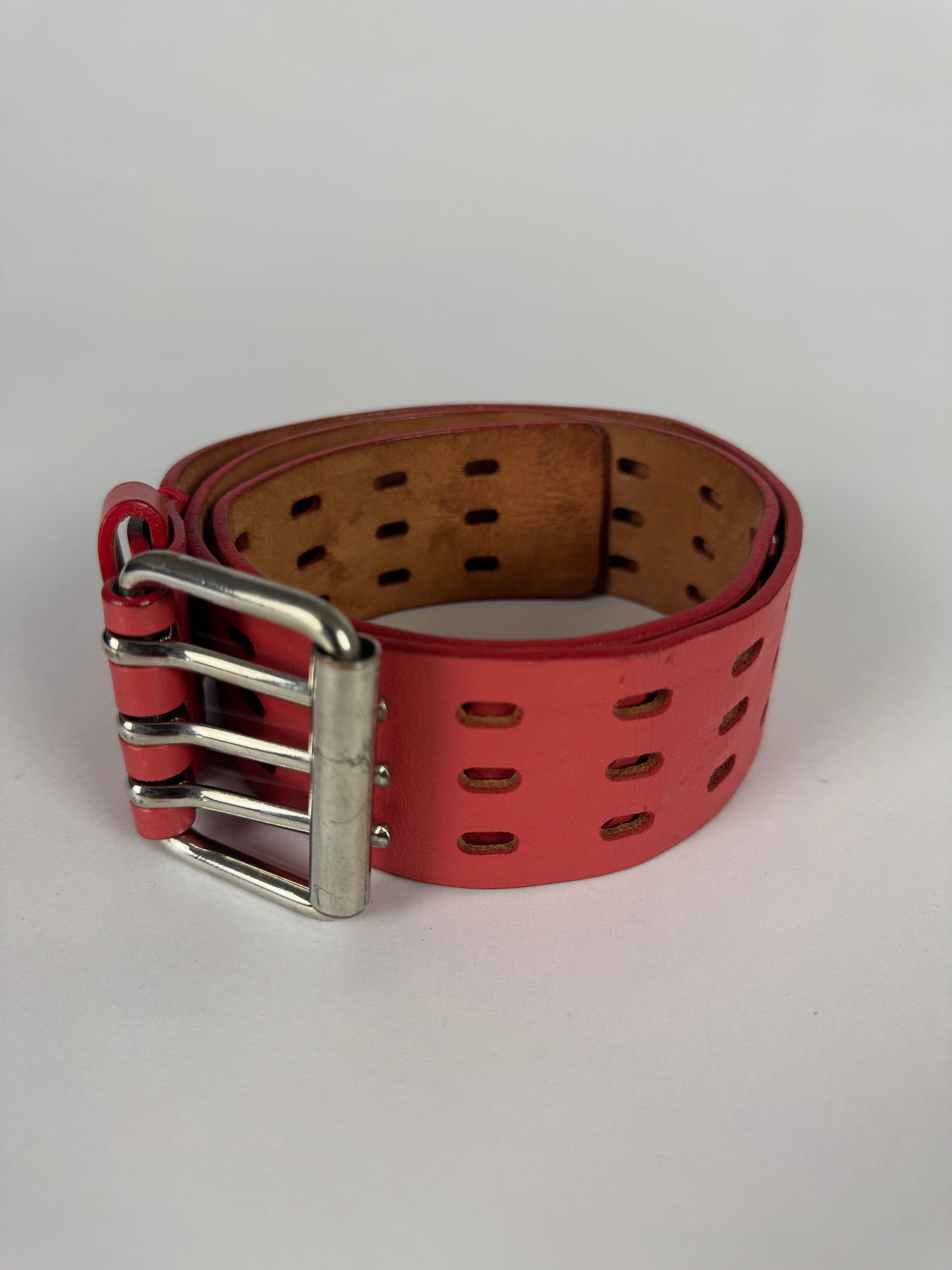 John Galliano Triple Prong Holed Red Gallant Leather Belt 2000s - 80 CM