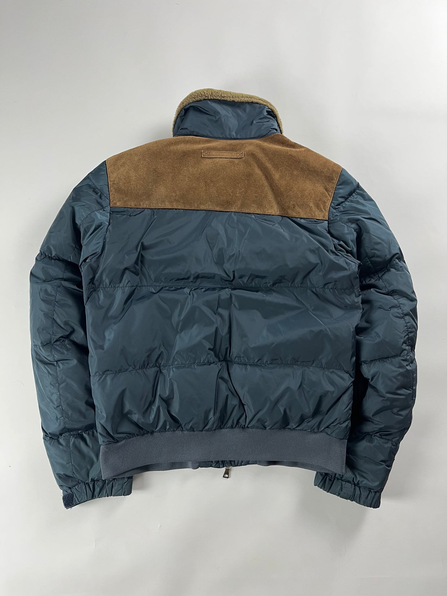 Prada Linea Rossa Puffer Blue Nylon Leather Patched Jacket 2000s - M