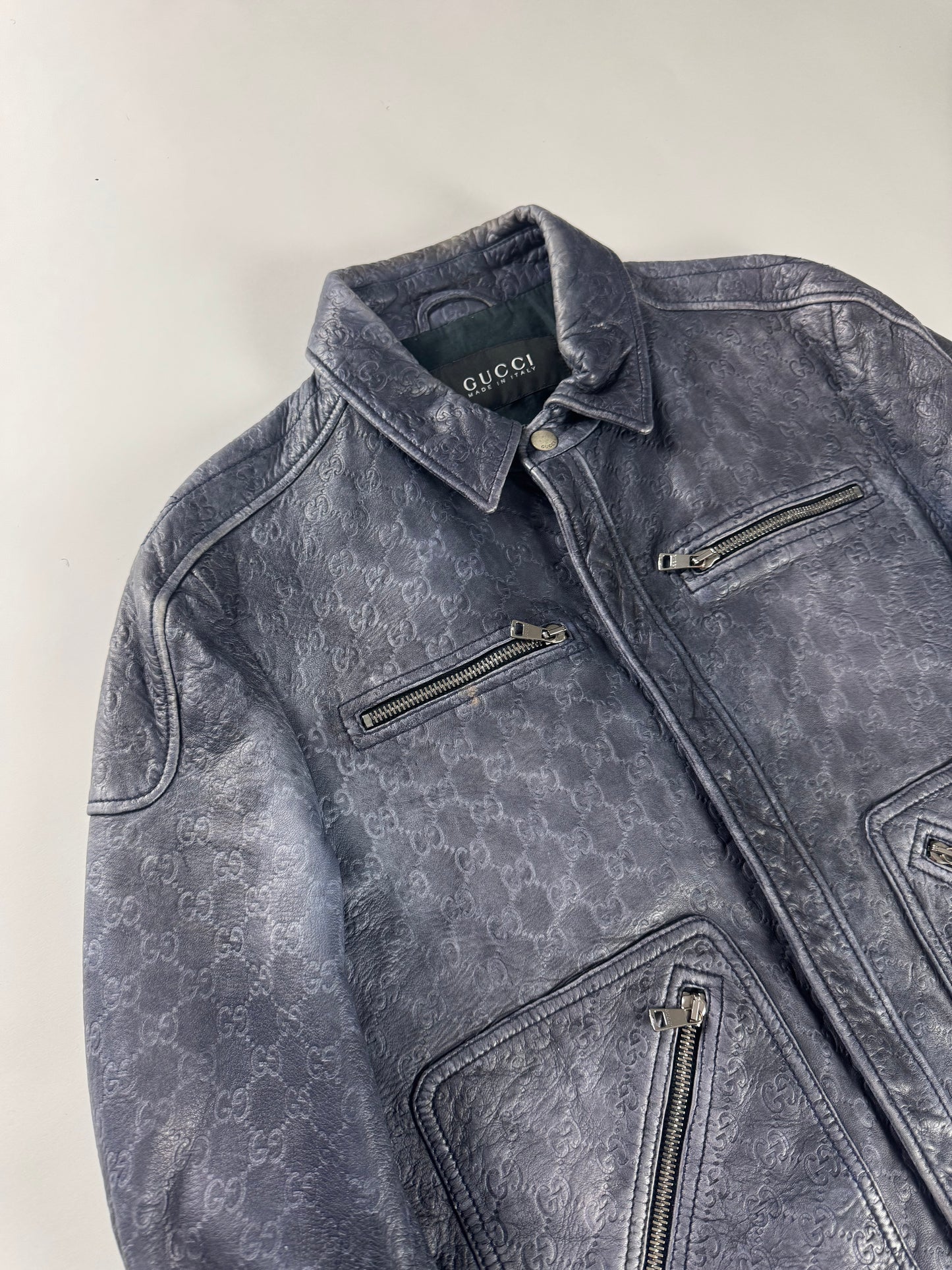 Gucci Blue Guccissima Monogram Leather Jacket 2010s - M