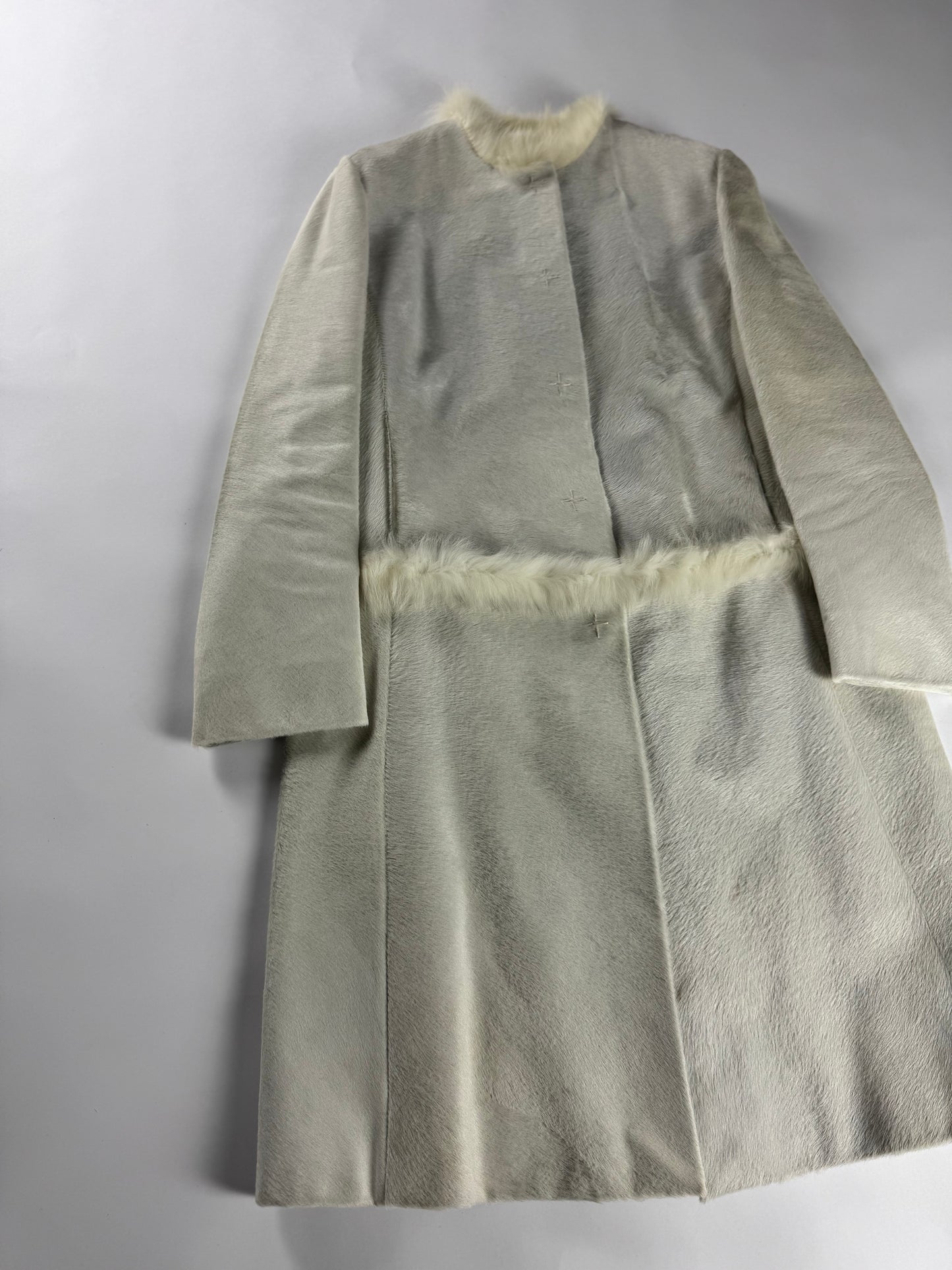 Prada White Heaven Fur Trimmed Pony Hair Leather Coat 1990s - S
