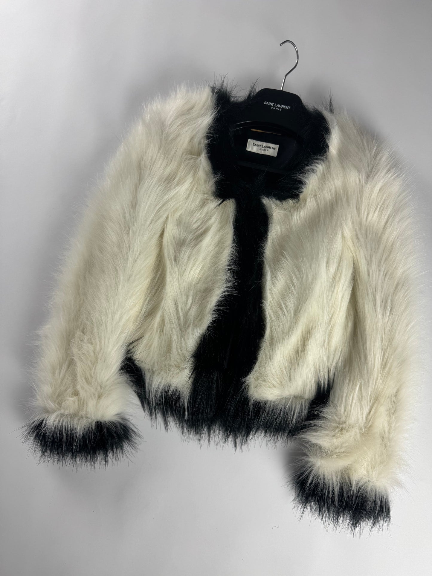Saint Laurent Monochrome Cream Black Faux Fur Cropped Jacket FW 2021 - XS