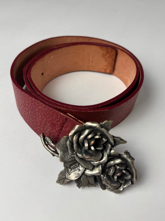 John Galliano Red Silver Roses Leather Belt 2000s - 85 CM