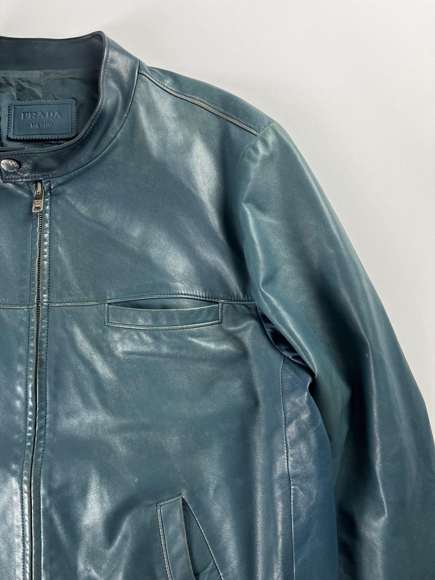 Prada Turquoise Blue Leather Moto Jacket FW 2014 - L