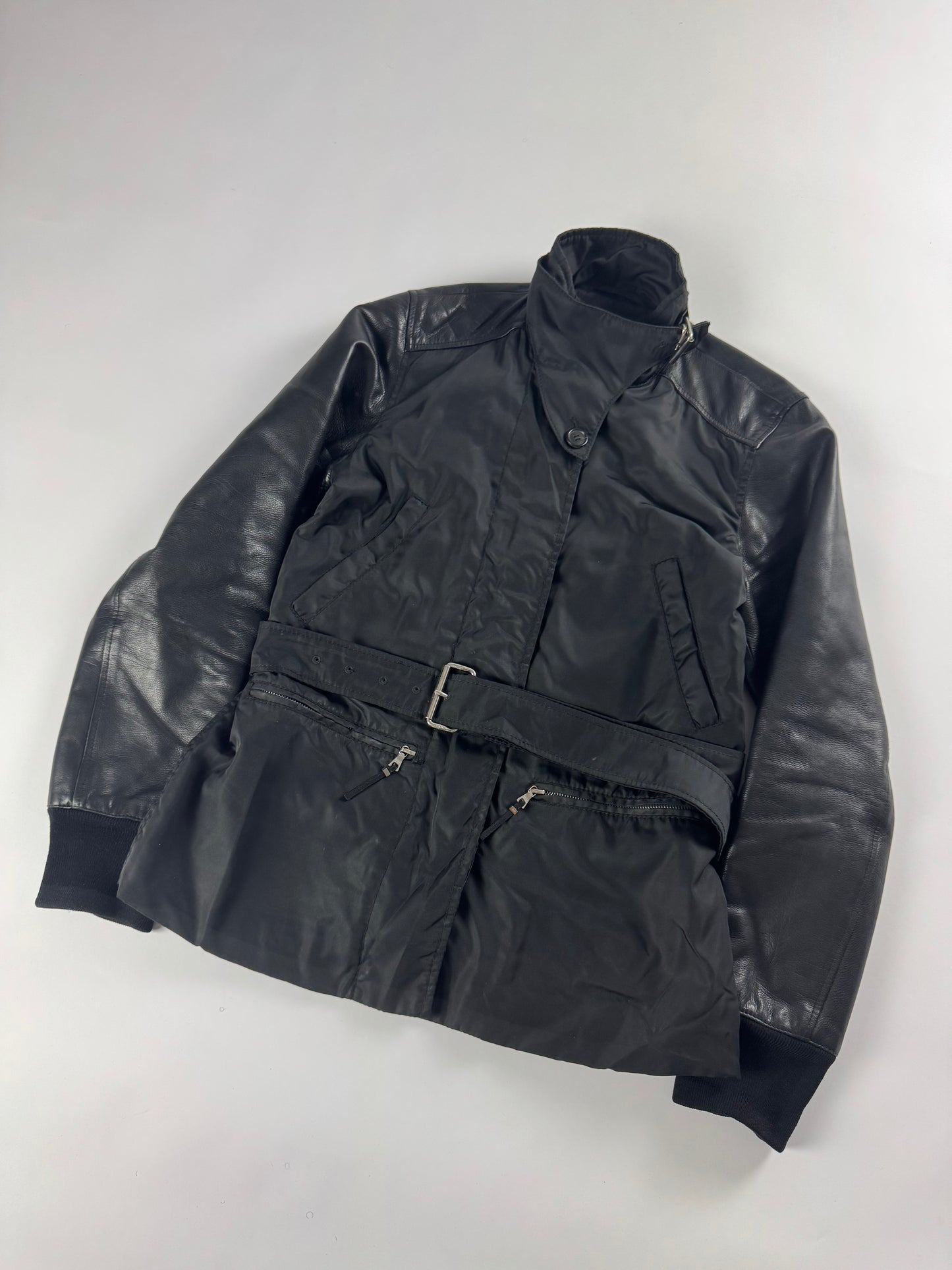 Prada Leather Sleeves Belted Collar Pilot Jacket 2000s - S