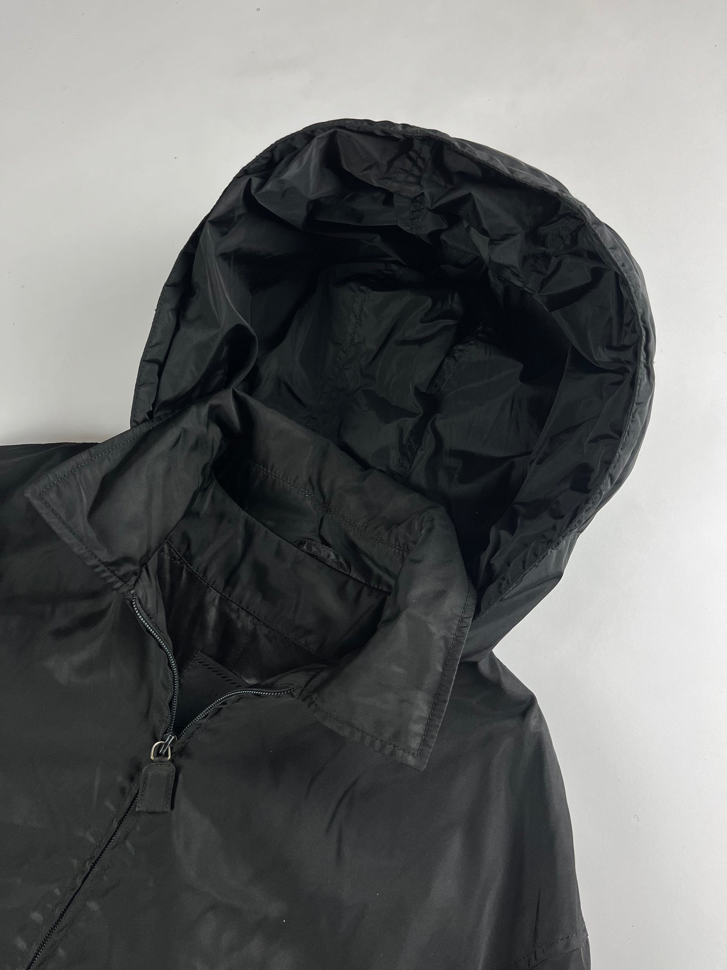 Prada Black Nylon Windbreaker Removable Hood Work Jacket 1990s - L
