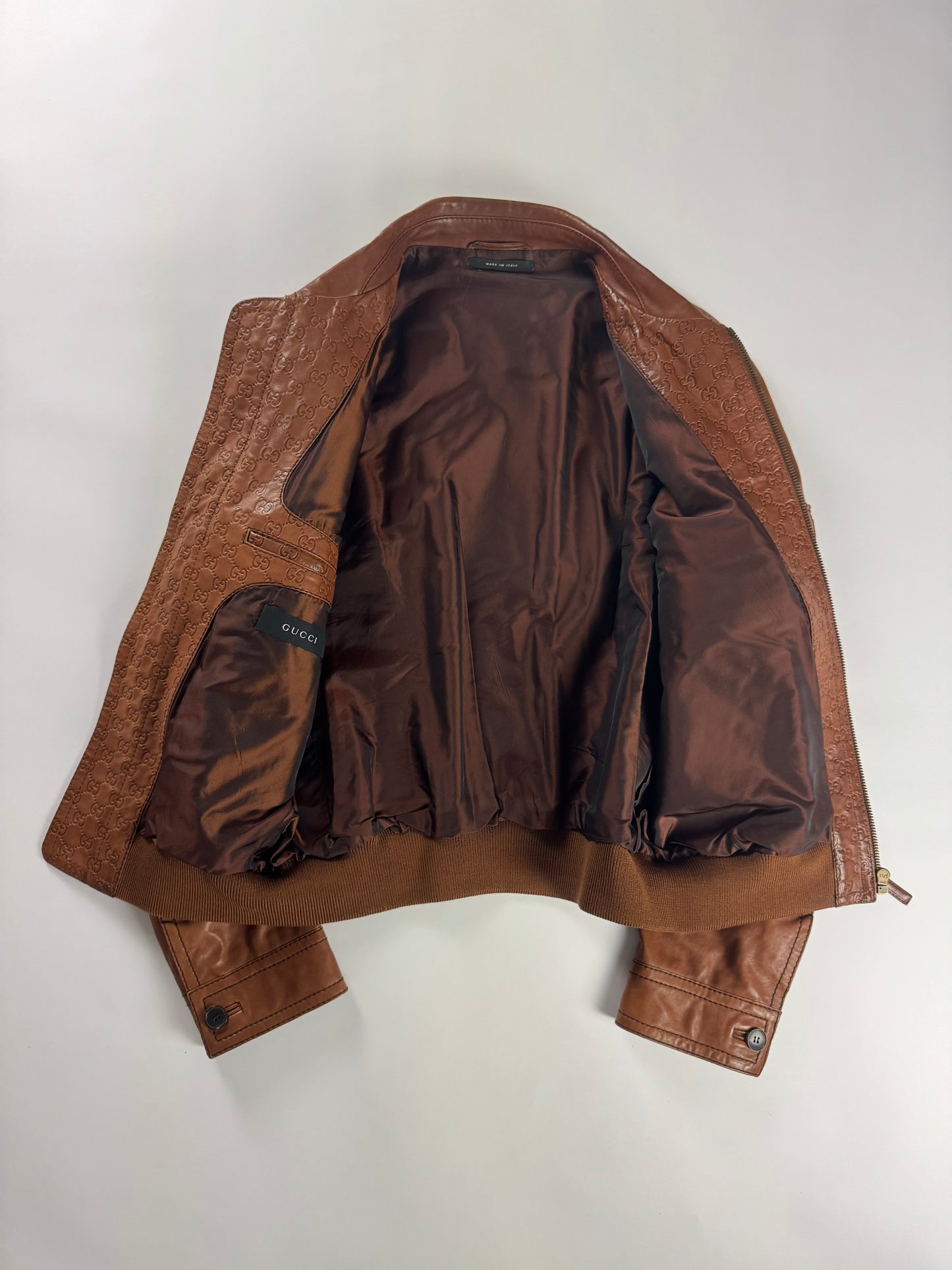 Gucci Tom Ford Camel Brown Monogram Leather Bomber Jacket 2000s - XL