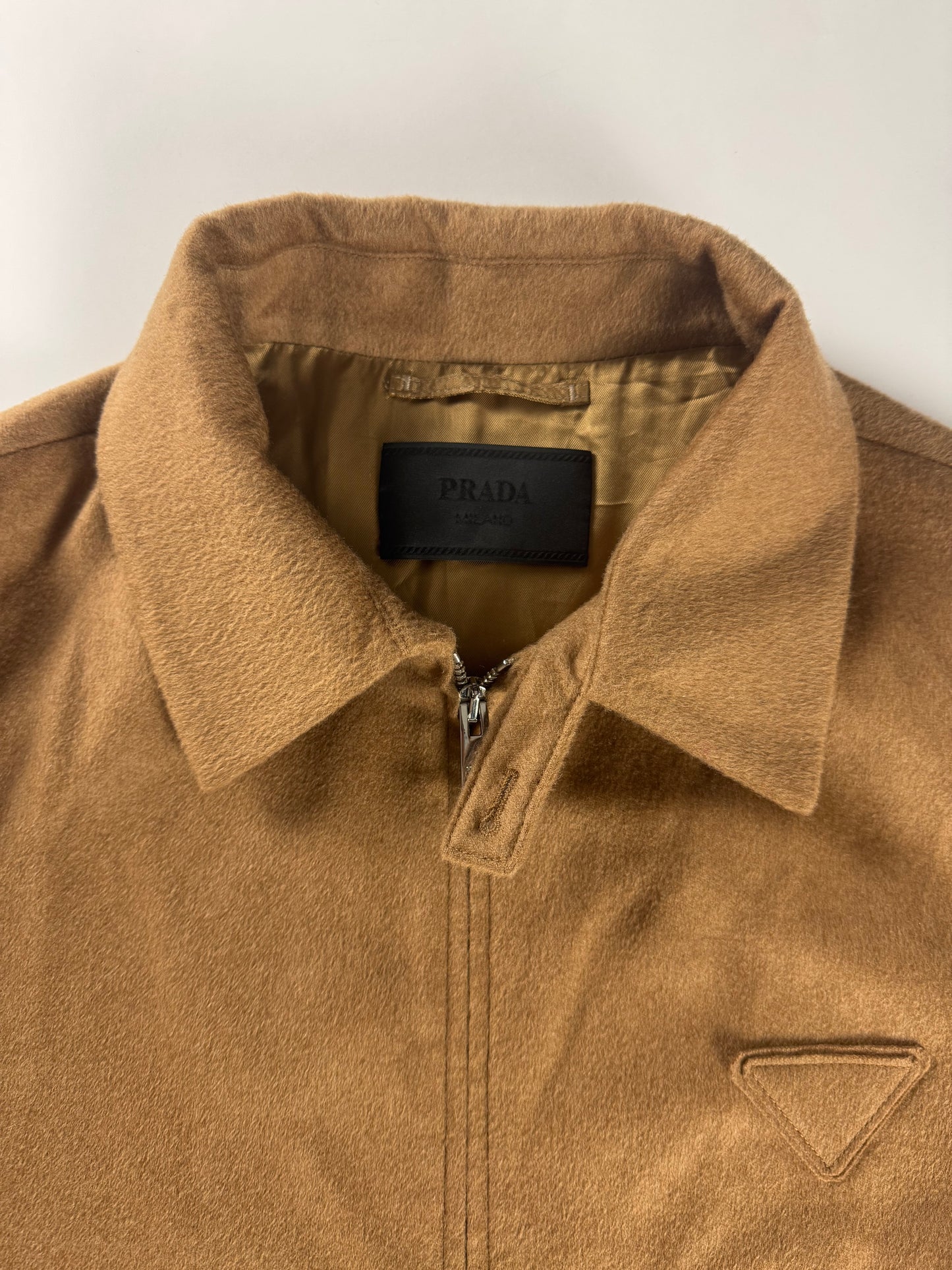 Prada Brown Camel Hair Triangle Logo Classic Jacket FW 2023 - L