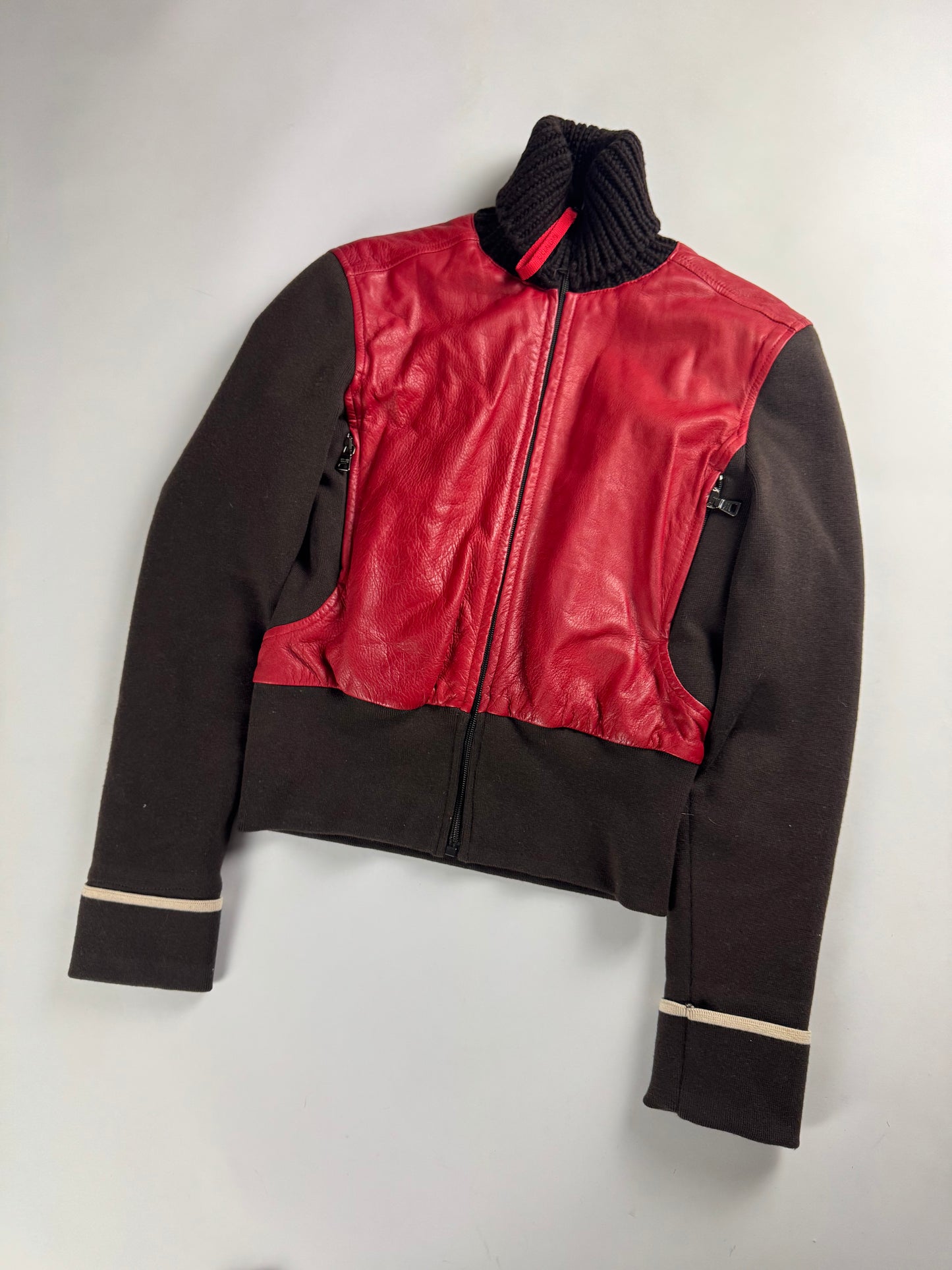 Prada Wool Hybrid Red Leather Patch Turtleneck Jacket SS 2000 - S