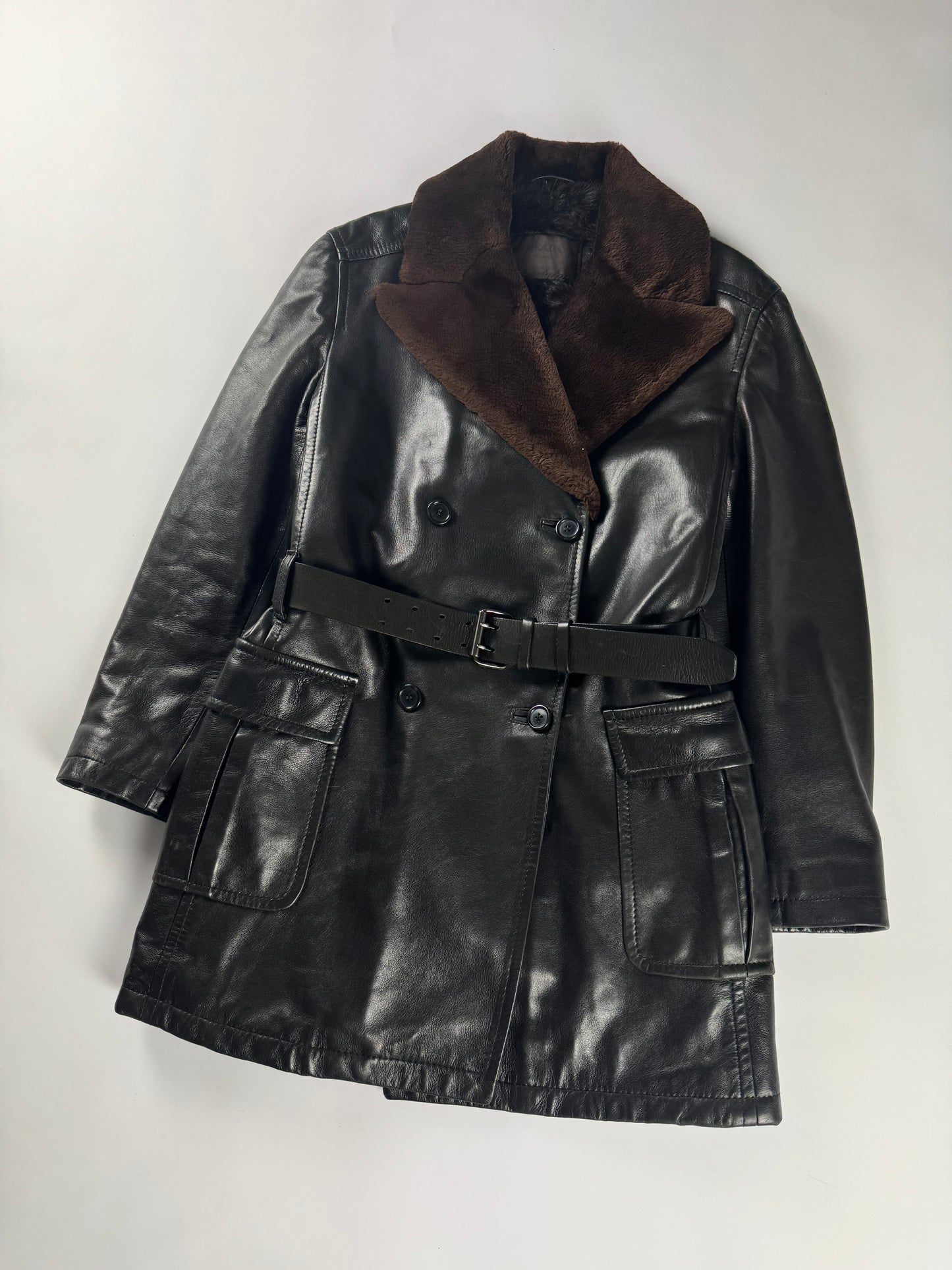 Prada Inside Fur Double Breasted Belted Leather Coat FW 1996 - S