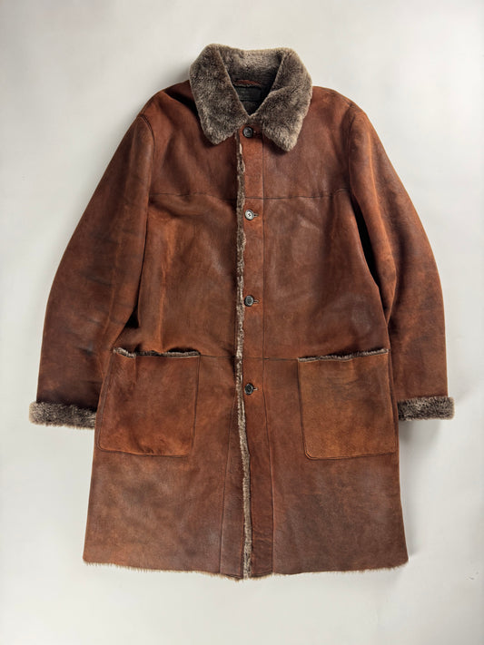 Prada Vulcan Brown Premium Inside Sheep Fur Long Shearling Leather Coat FW 2003 - L