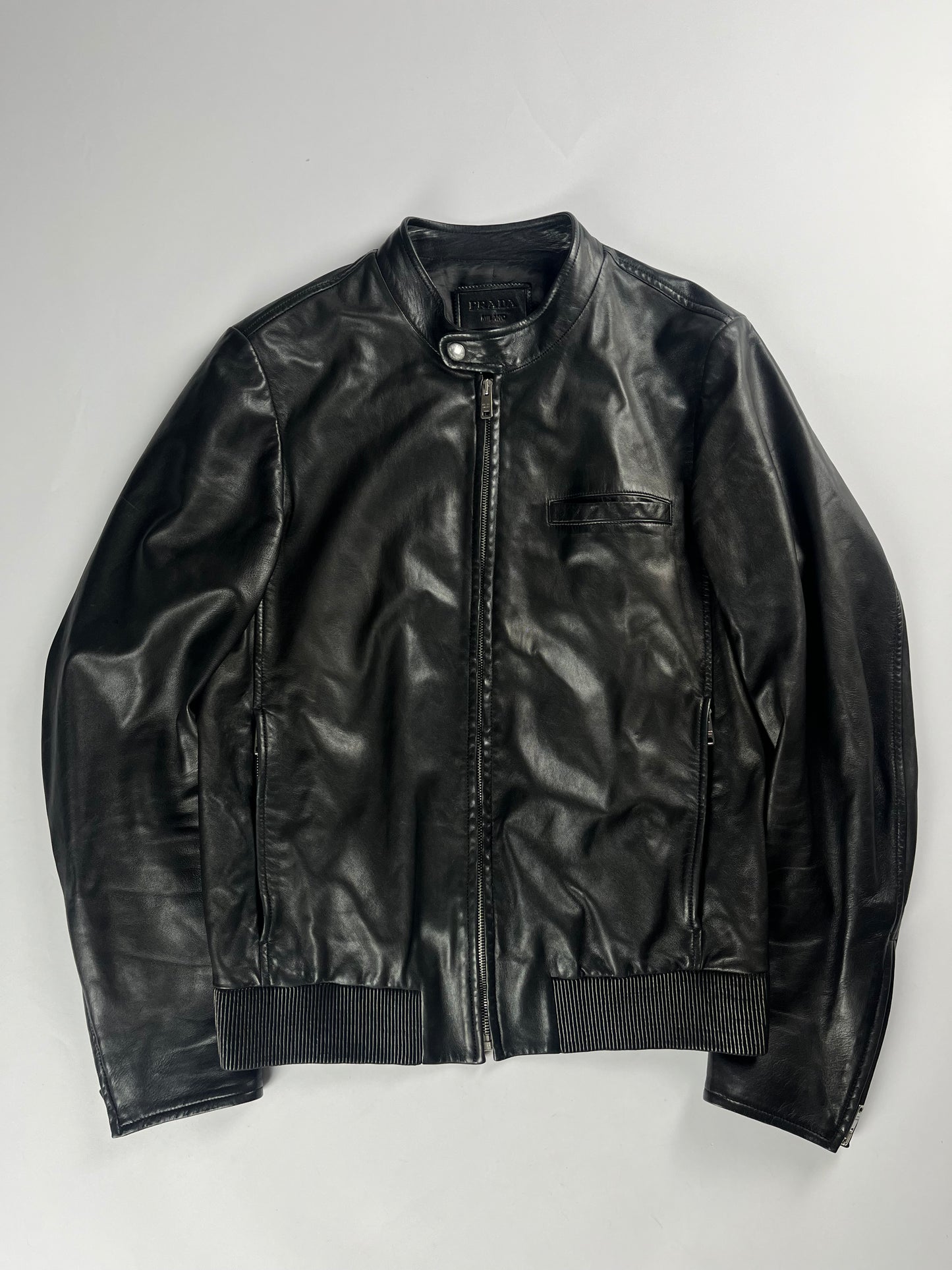 Prada Sample Shadow Black Textured Soft Leather Moto Jacket SS 2014 - M