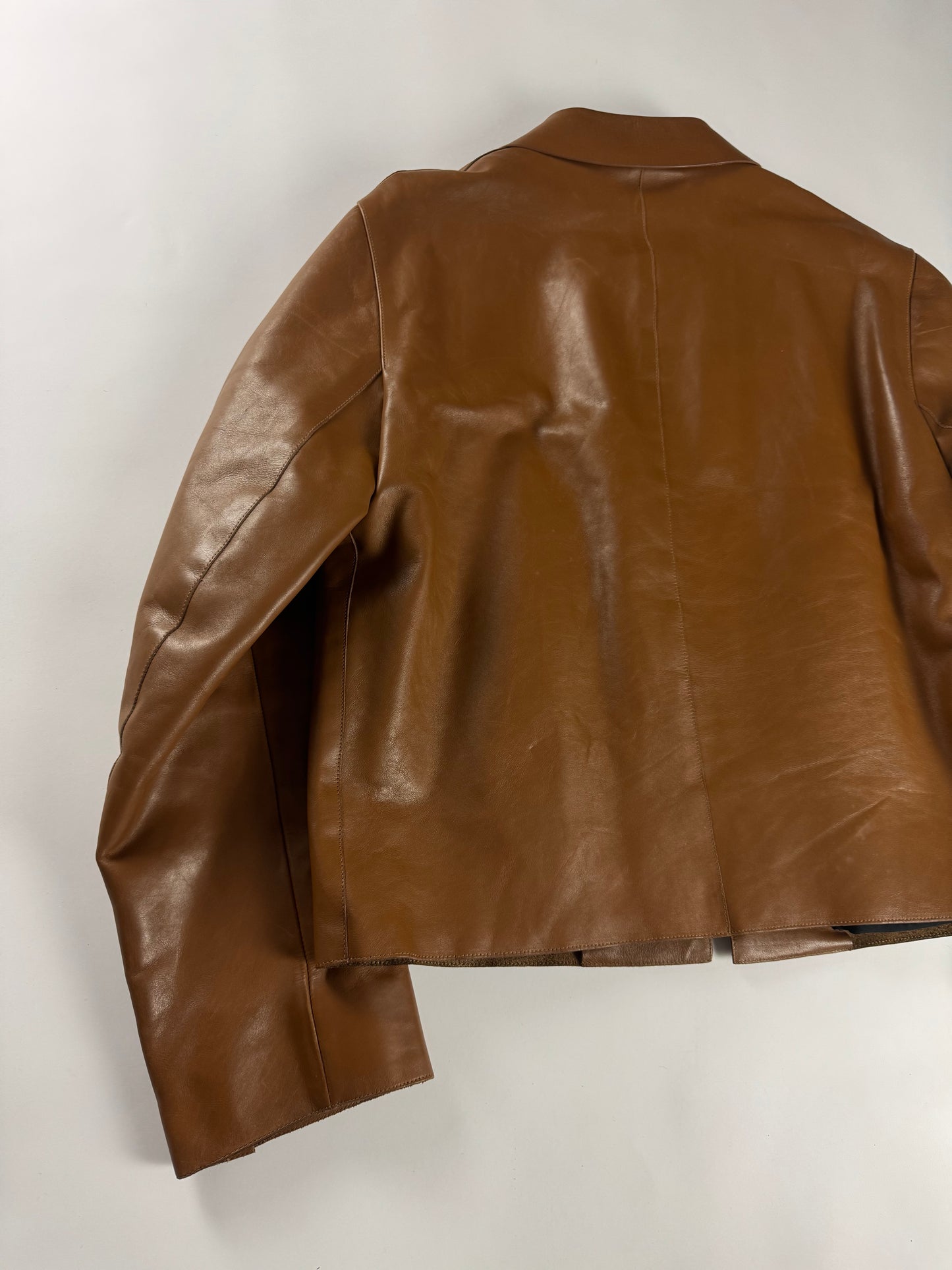 Prada Cognac Premium Leather Double Zipper Padded Layer Minimalist Jacket FW 2000 - L