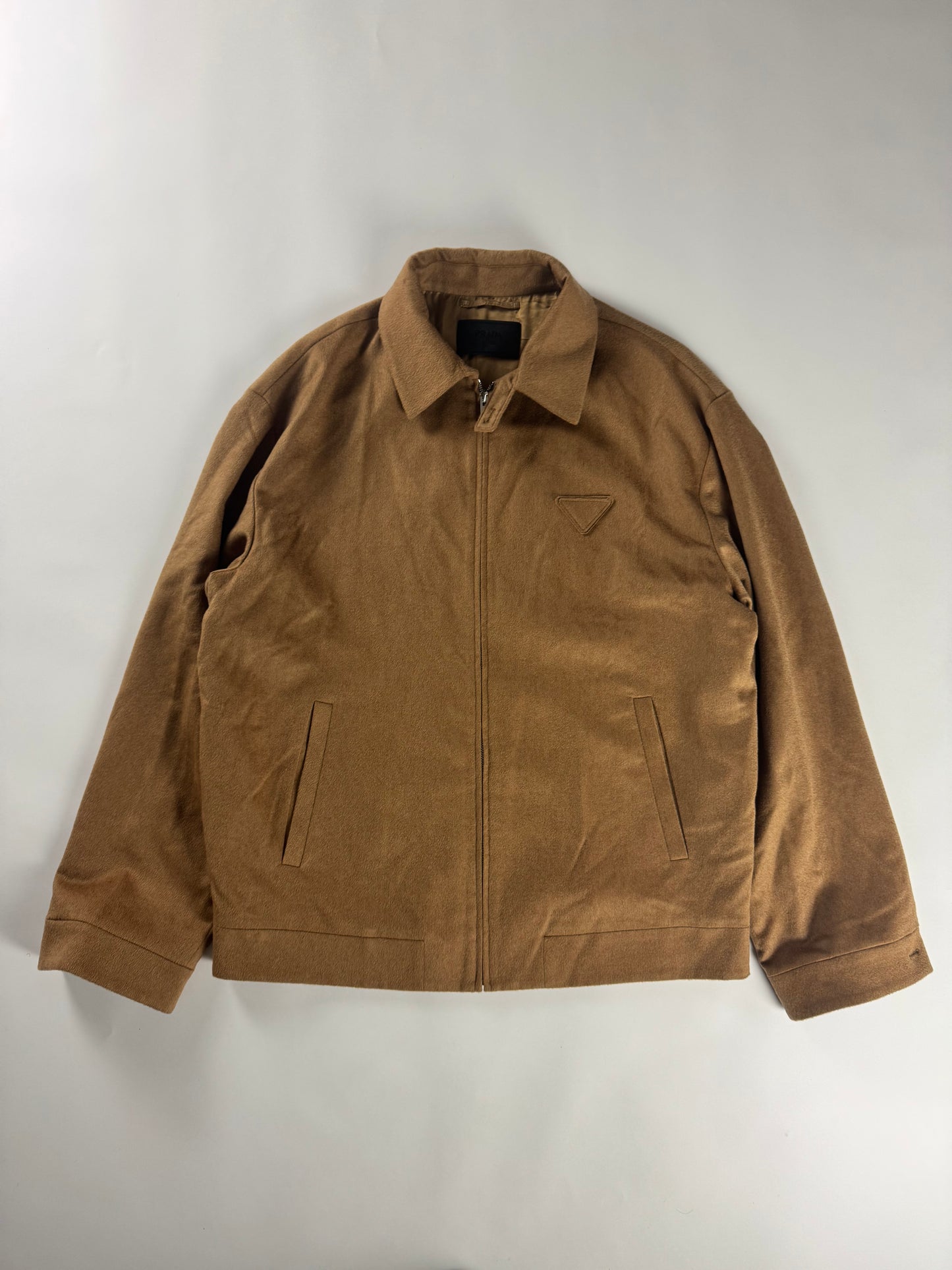 Prada Brown Camel Hair Triangle Logo Classic Jacket FW 2023 - L