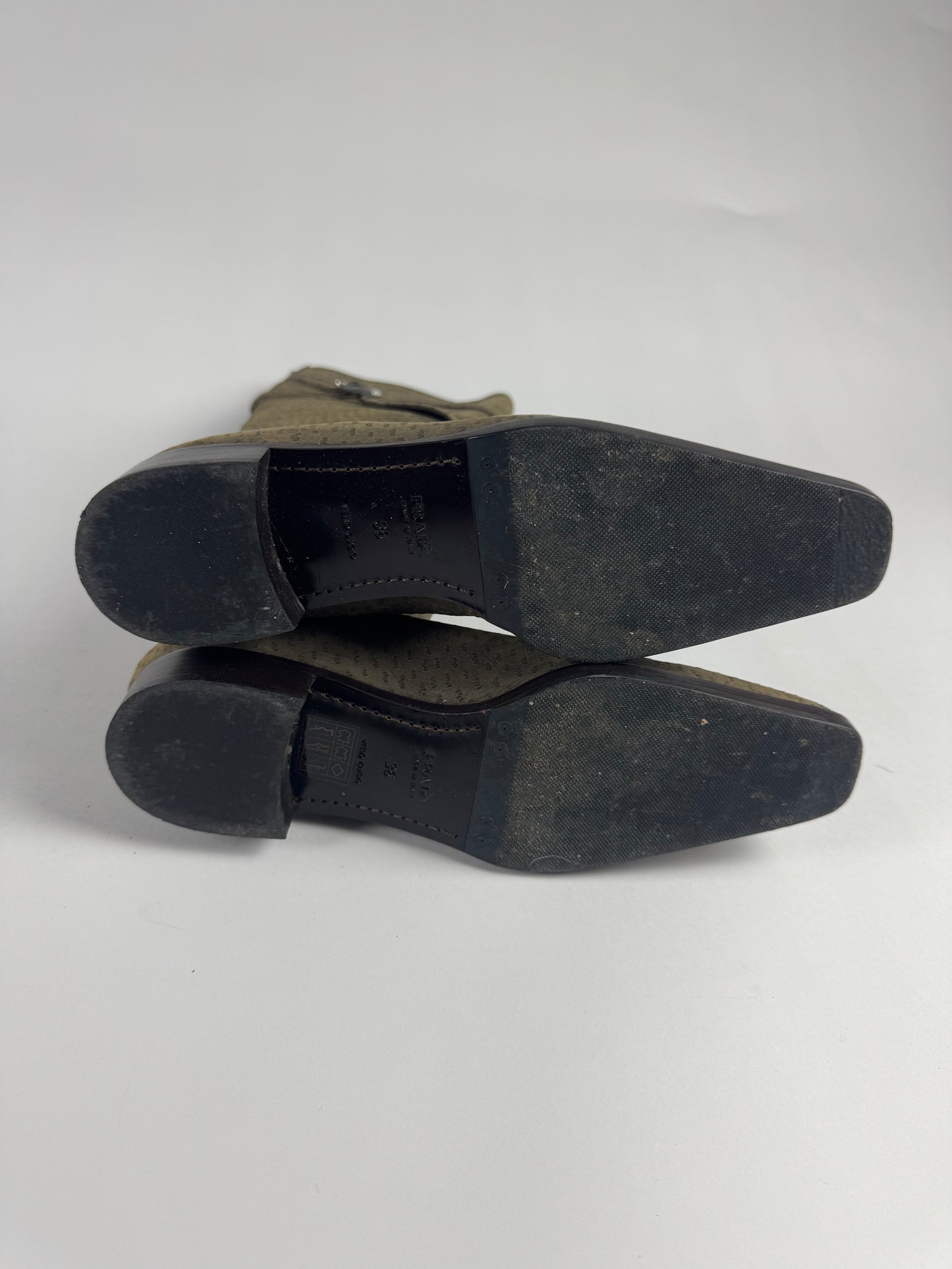 Prada Embossed Leather Pointed Toe Cavalier Belted High Boots FW 2000 - 36 IT/37 EU