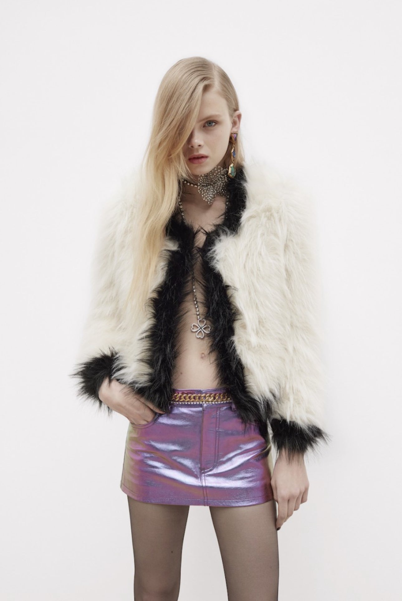 Saint Laurent Monochrome Cream Black Faux Fur Cropped Jacket FW 2021 - XS