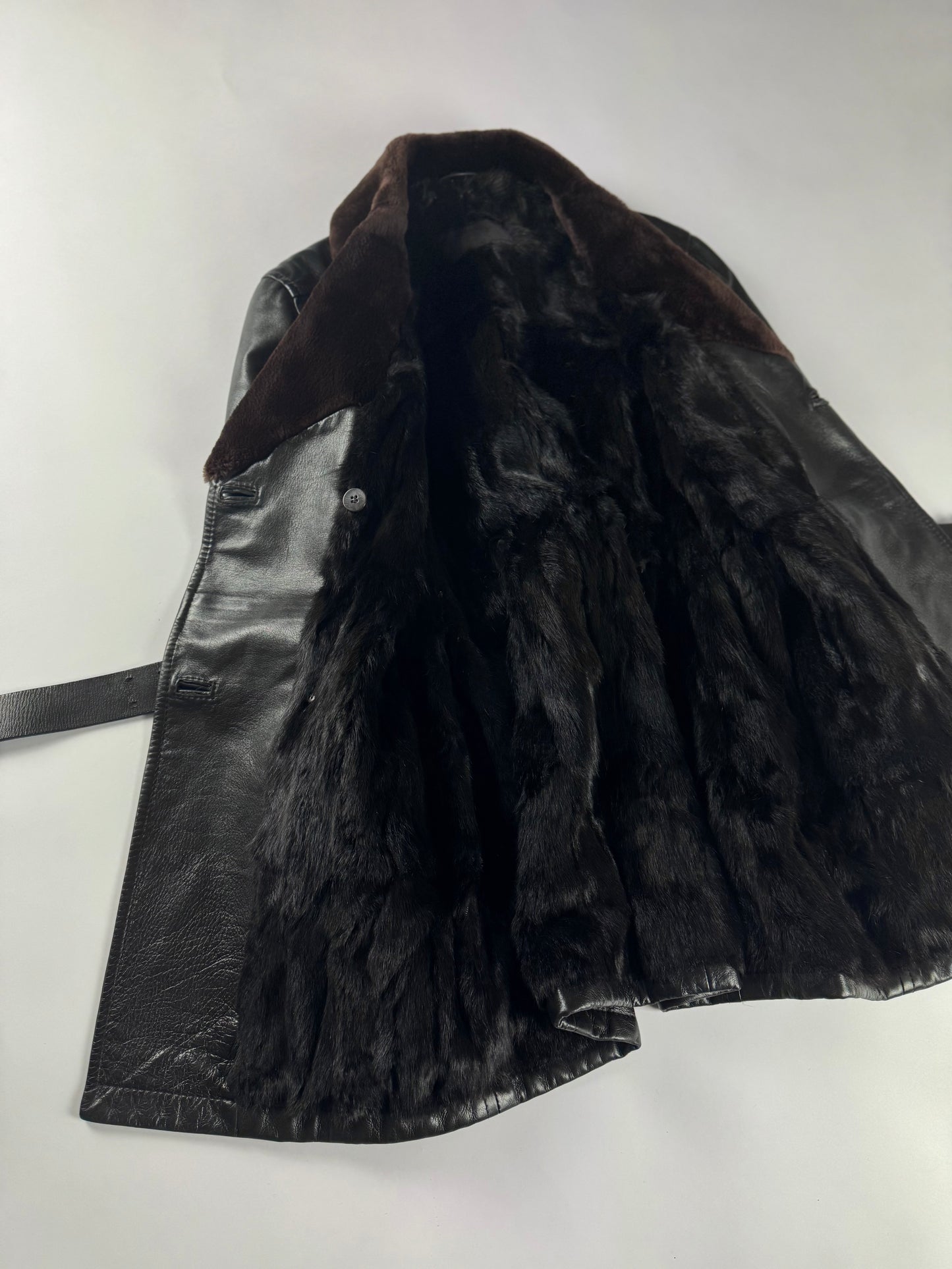 Prada Inside Fur Double Breasted Belted Leather Coat FW 1996 - S