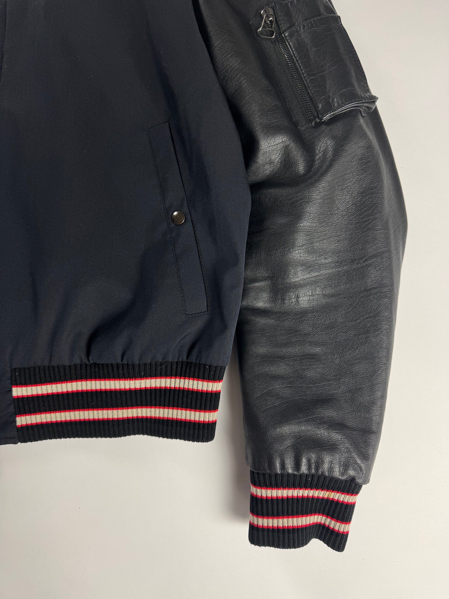 Lanvin Full Zip Leather Sleeve Bomber Jacket - M