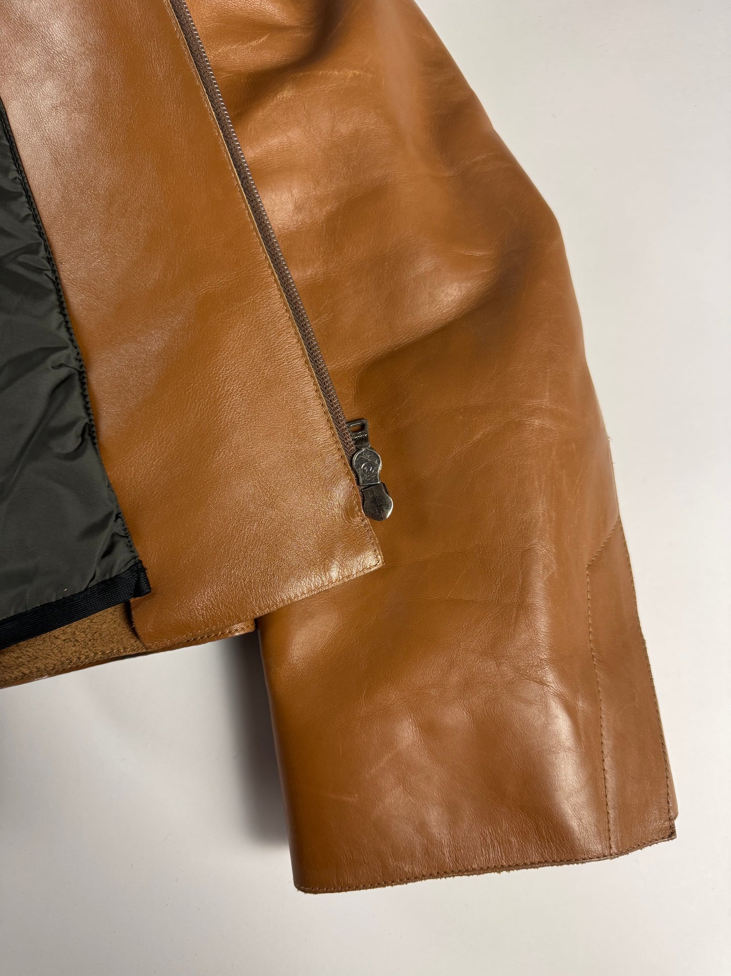 Prada Cognac Premium Leather Double Zipper Padded Layer Minimalist Jacket FW 2000 - L