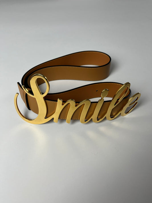 Loewe Smile Calfskin Logo Brown Buckle Belt - 95 CM