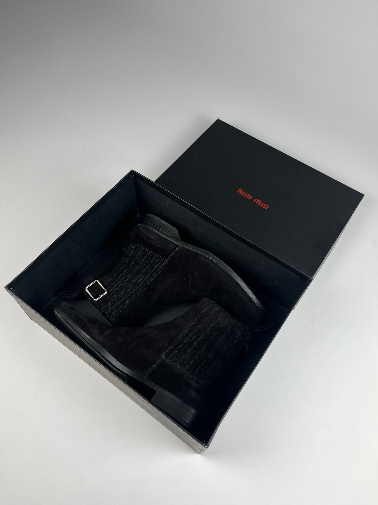 Miu Miu Chelsea Belted Black Suede Boots 2000s - 41 EU