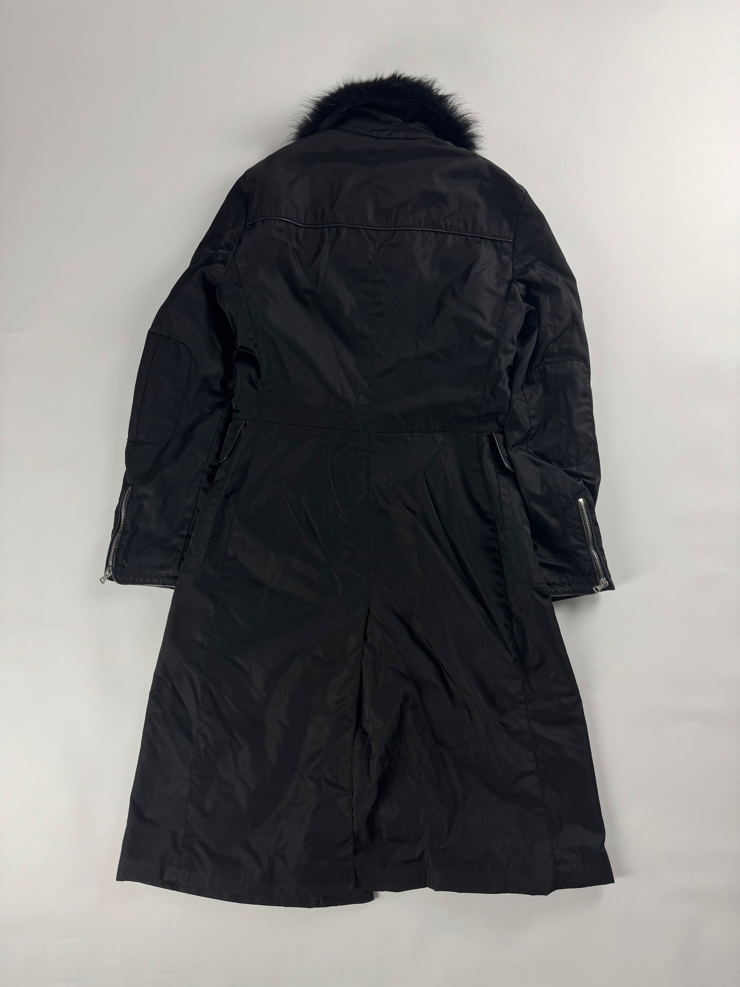 Prada Fur Collar Double Zip Nylon Long Coat 2000s - S