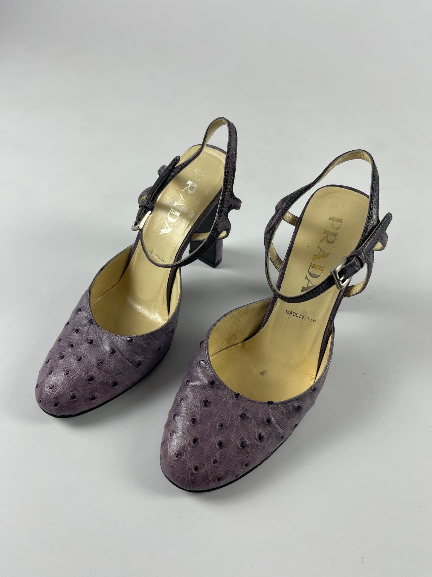 Prada Lila Ostrich Leather Mary Janes Heels SS 2000 - 37 IT/38 EU