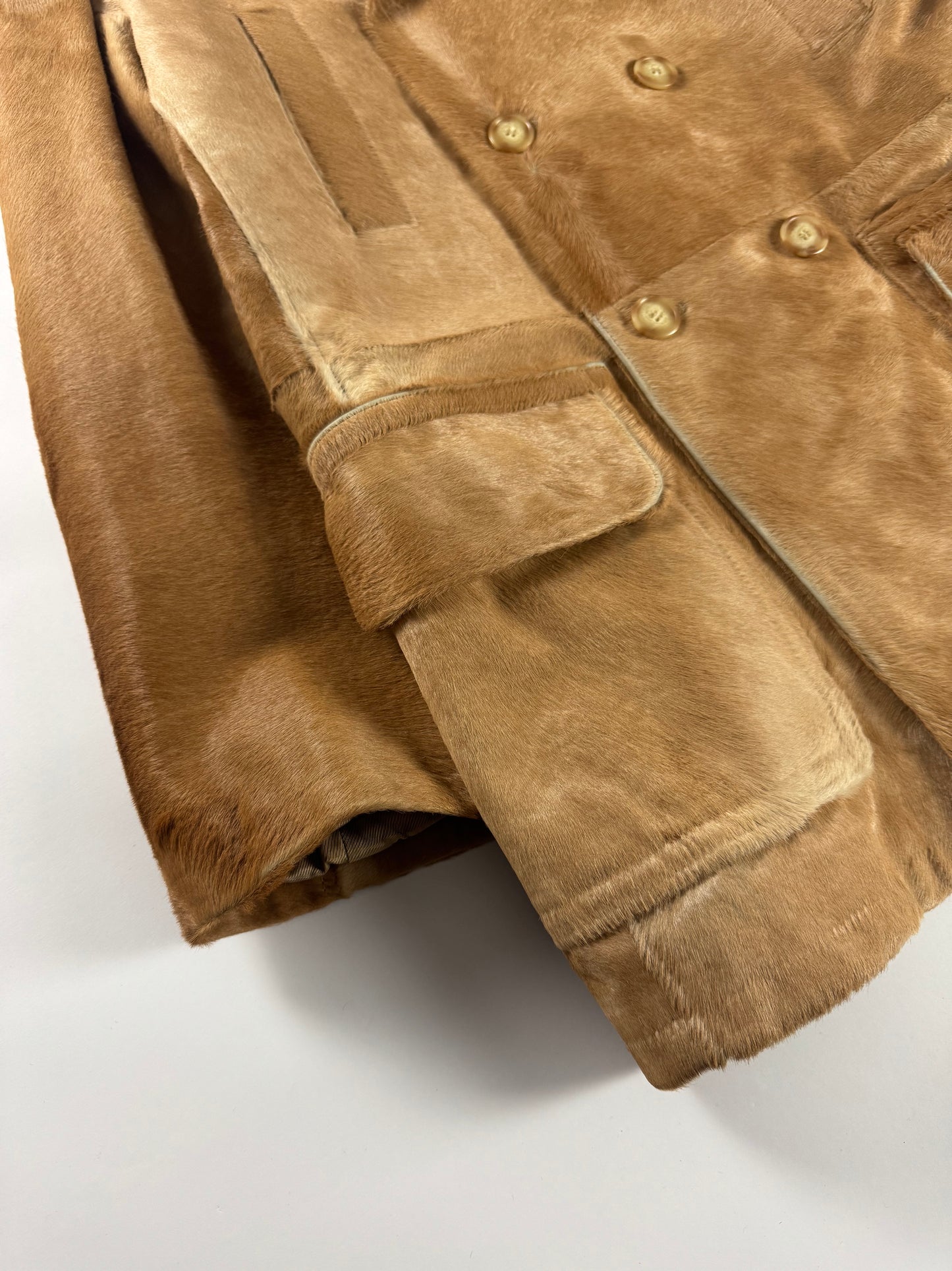 Prada Camel Tawny Double Breasted Pony Hair Leather Coat FW 1996 - M