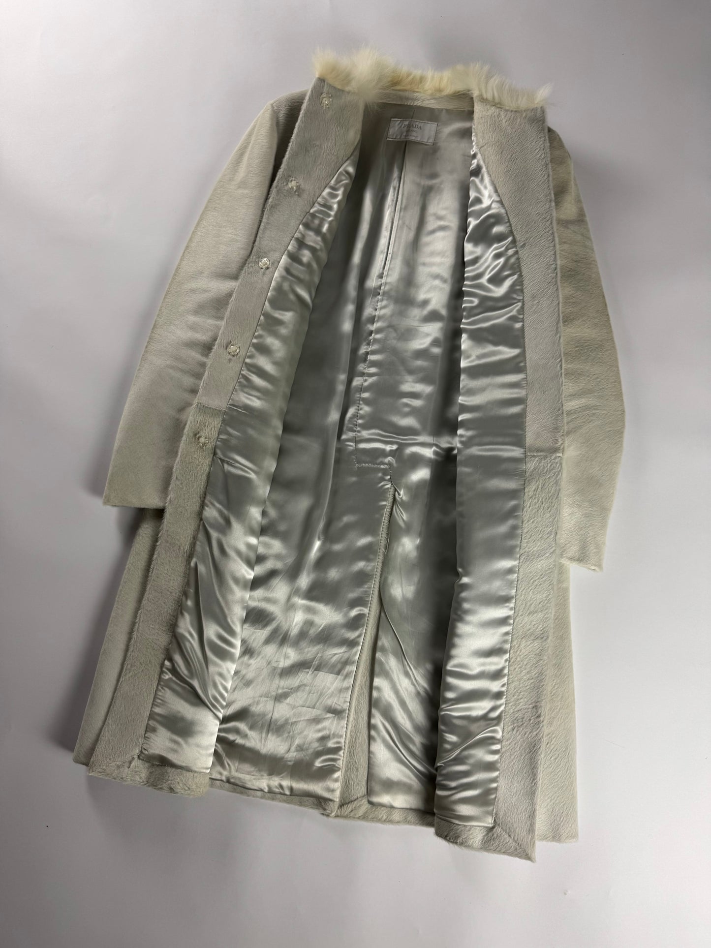 Prada White Heaven Fur Trimmed Pony Hair Leather Coat 1990s - S