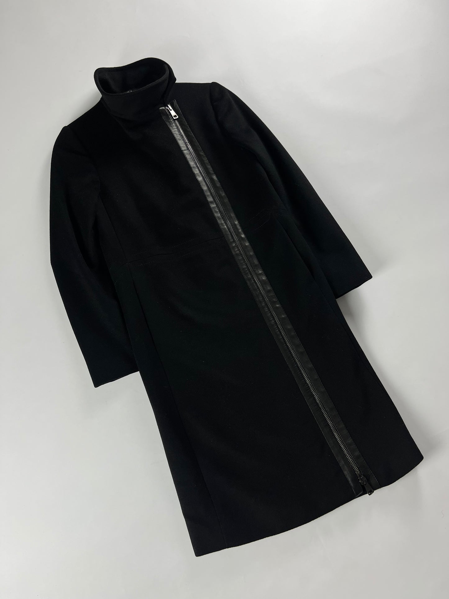 Gucci Black Leather Trimmed Asymmetric Zipper Coat FW 2001 - XS