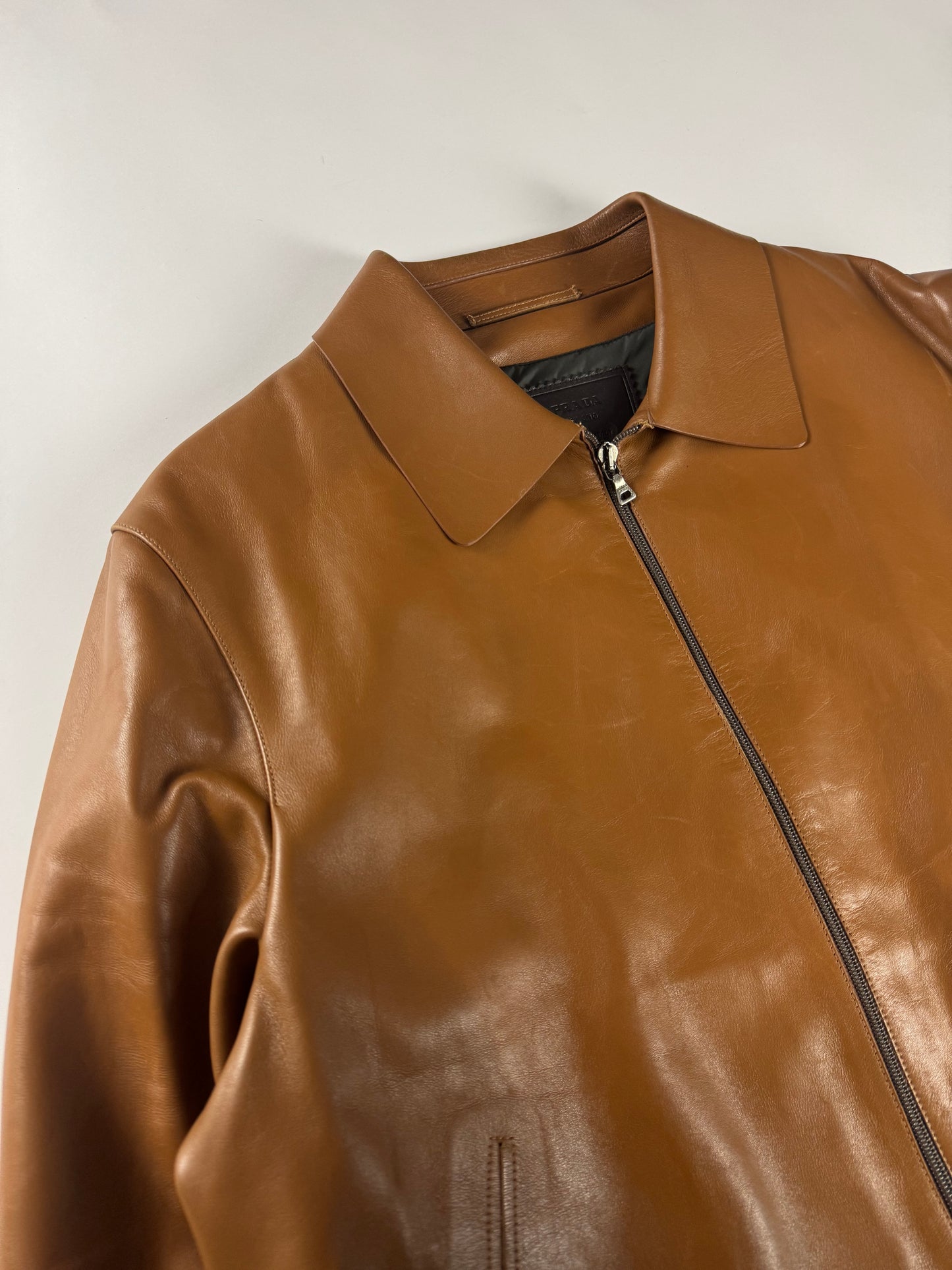 Prada Cognac Premium Leather Double Zipper Padded Layer Minimalist Jacket FW 2000 - L