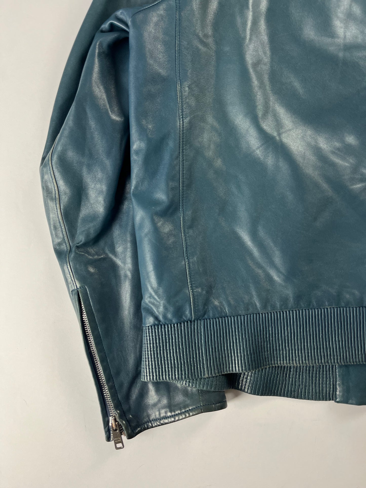 Prada Turquoise Blue Leather Moto Jacket FW 2014 - L