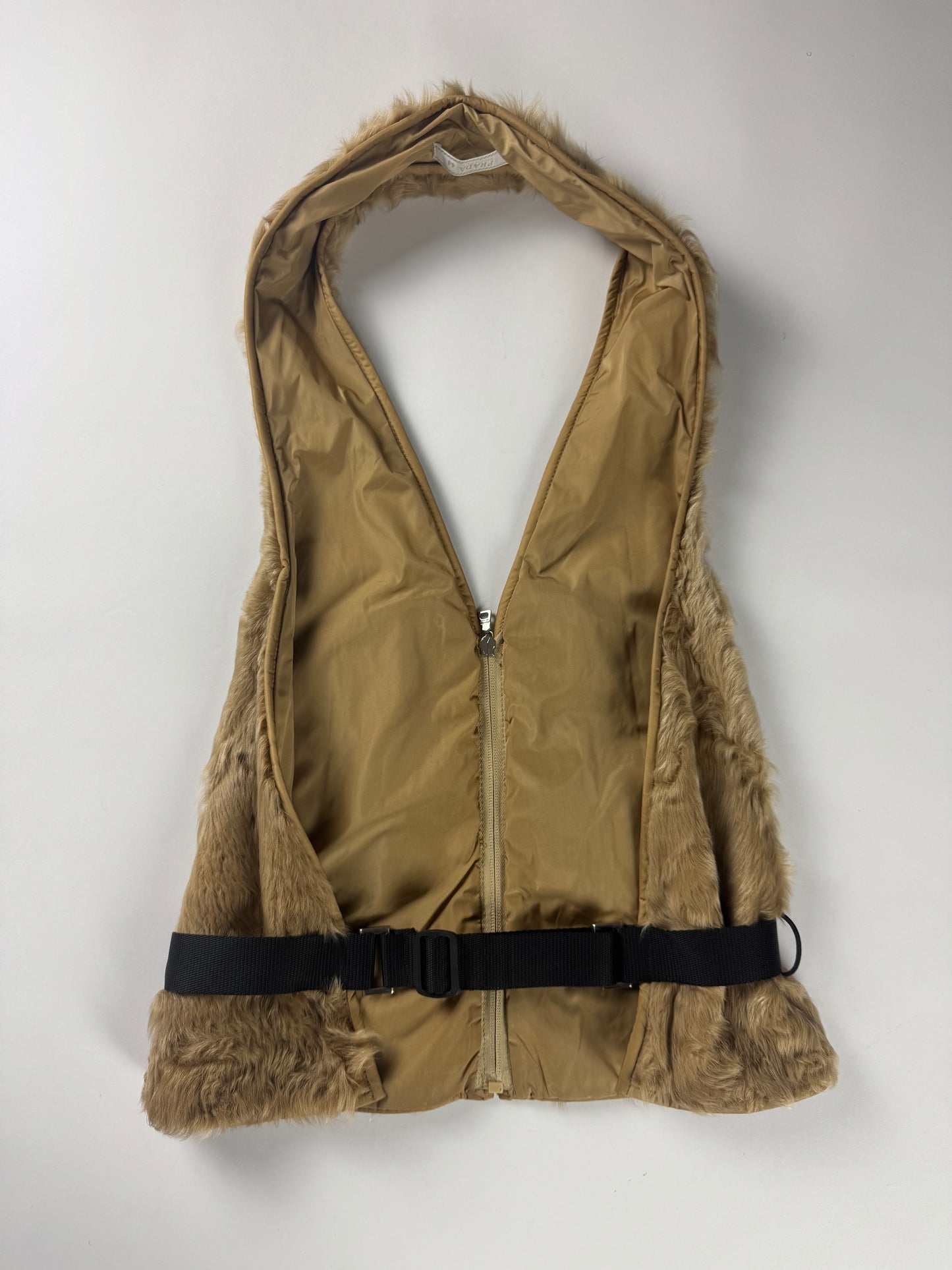 Prada Persian Lamb Buckle Belted Backless Waistcoat Harnais FW 1999 - S
