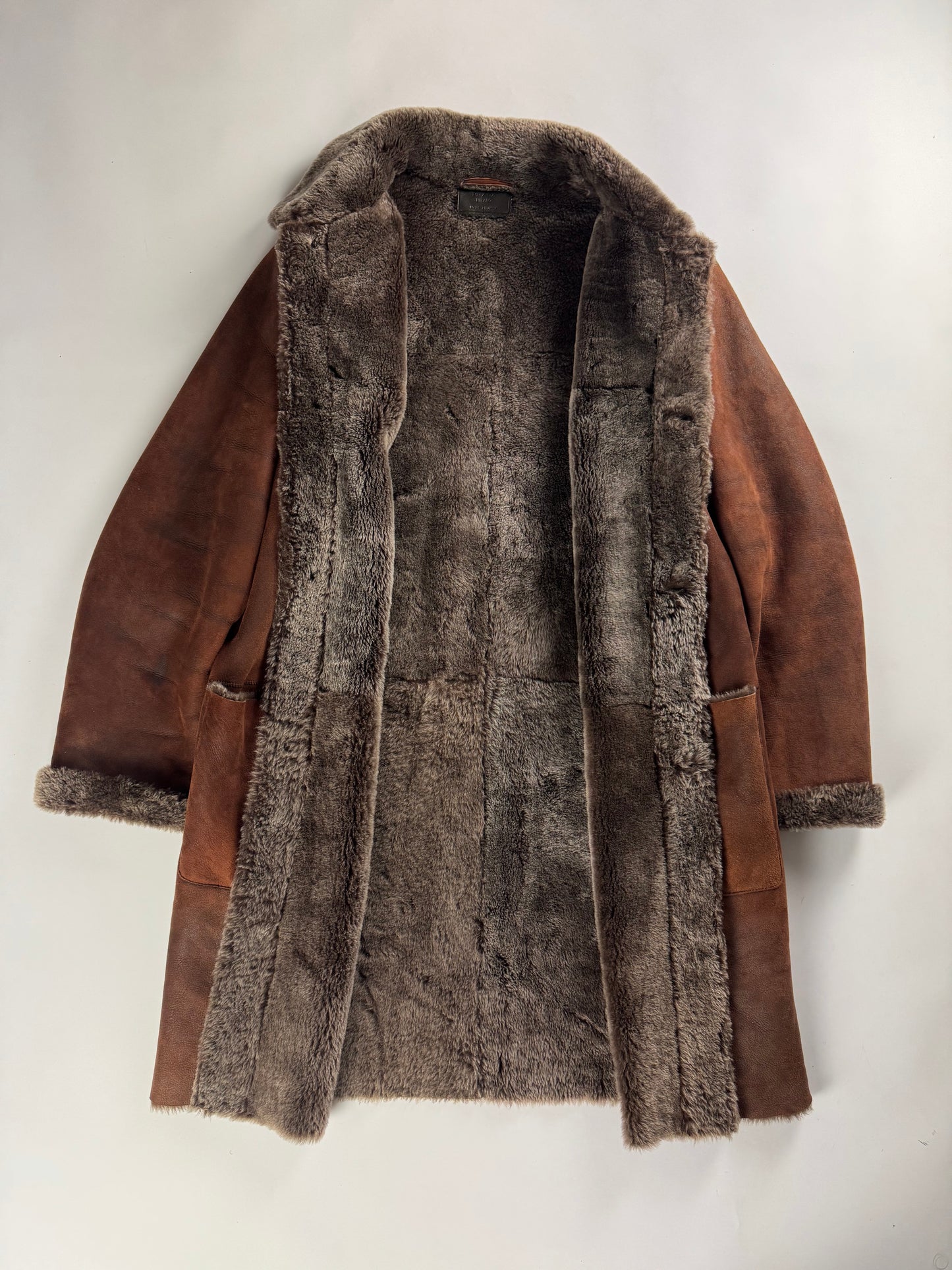 Prada Vulcan Brown Premium Inside Sheep Fur Long Shearling Leather Coat FW 2003 - L