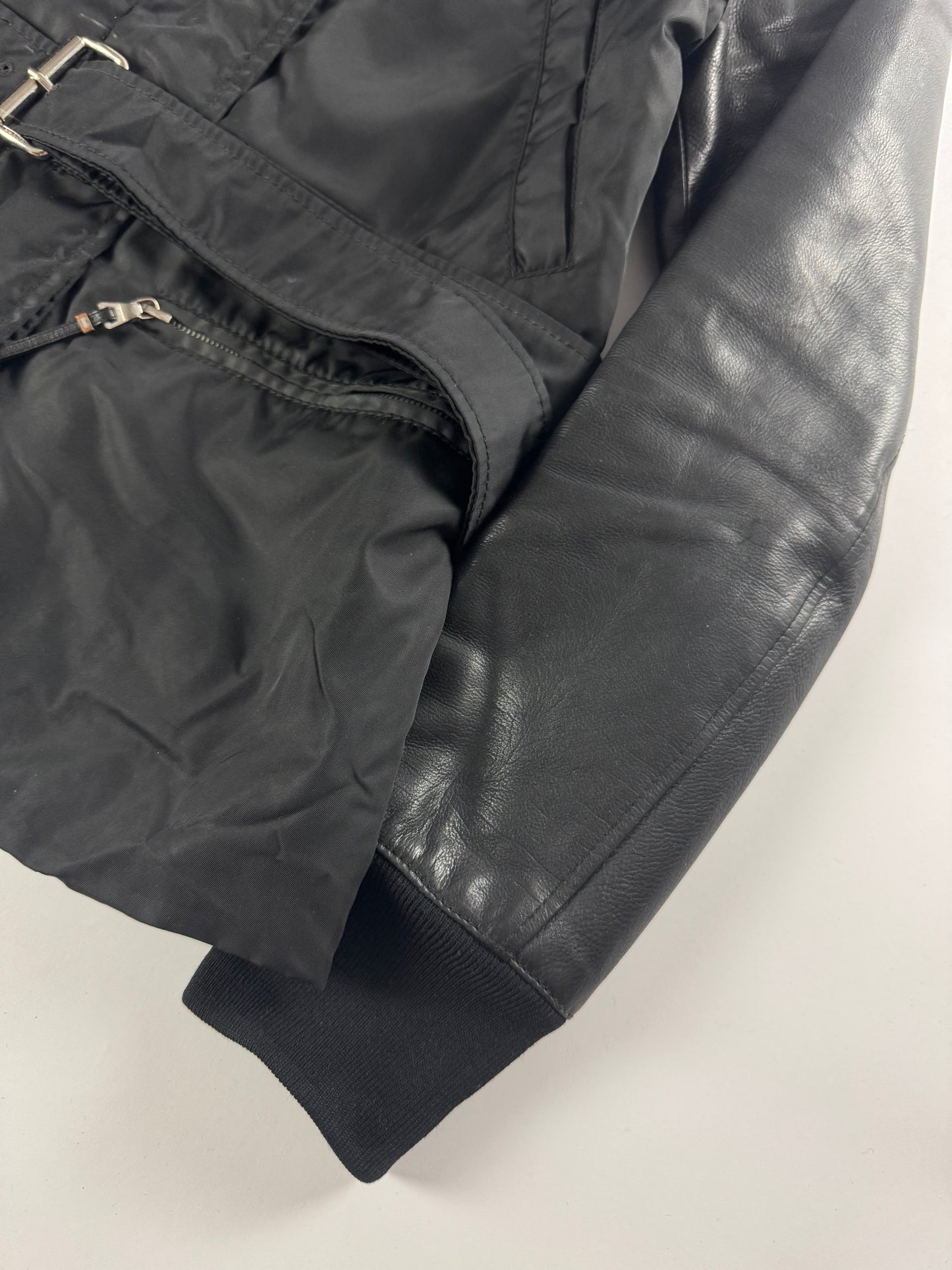 Prada Leather Sleeves Belted Collar Pilot Jacket 2000s - S