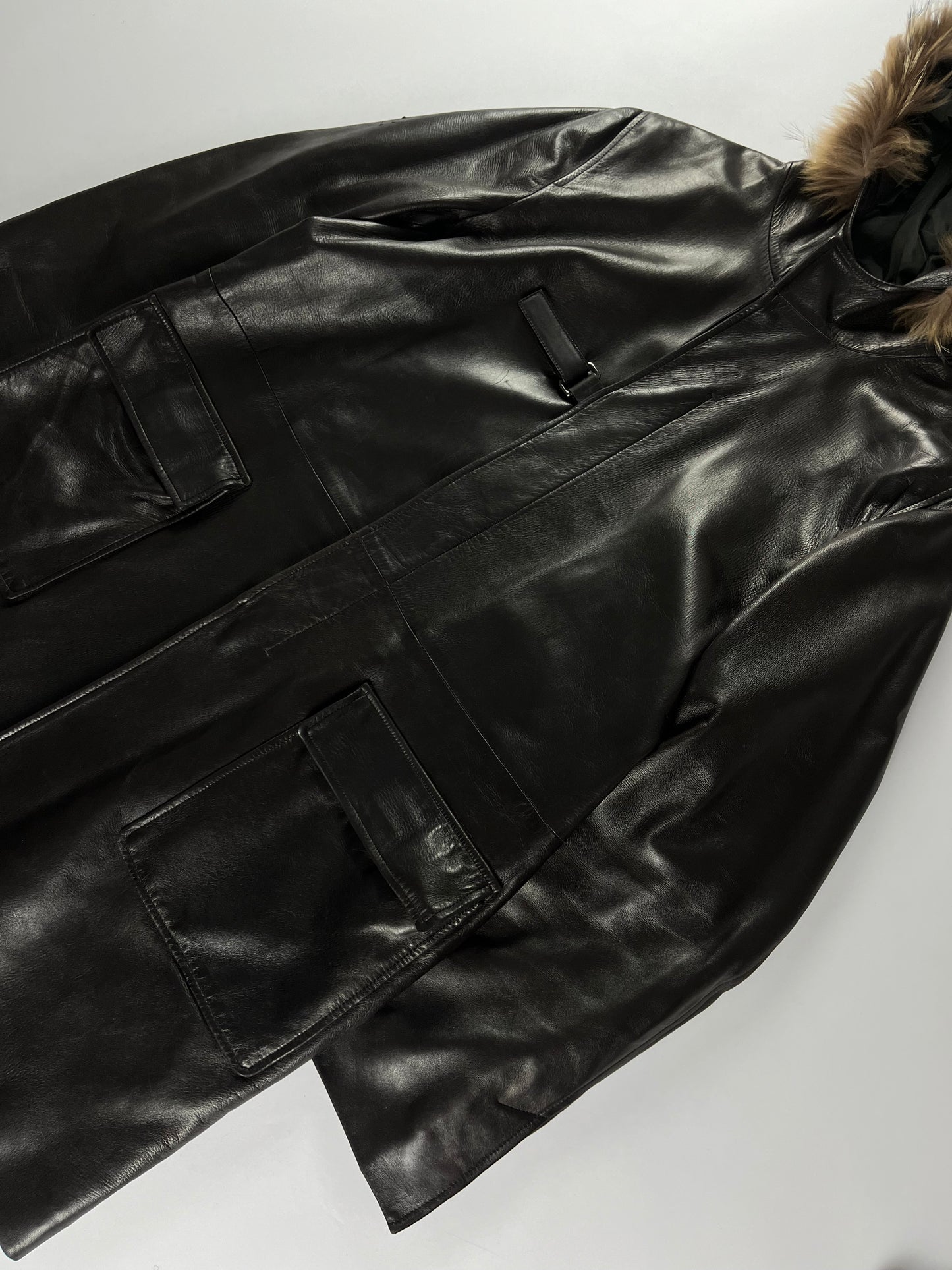 Prada Belted Premium Leather Fur Long Jacket FW 1999 - M
