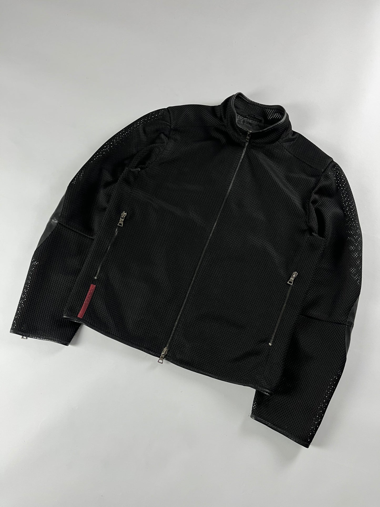 Prada Mesh Leather Patch Elbows Moto Jacket SS 2000 - M