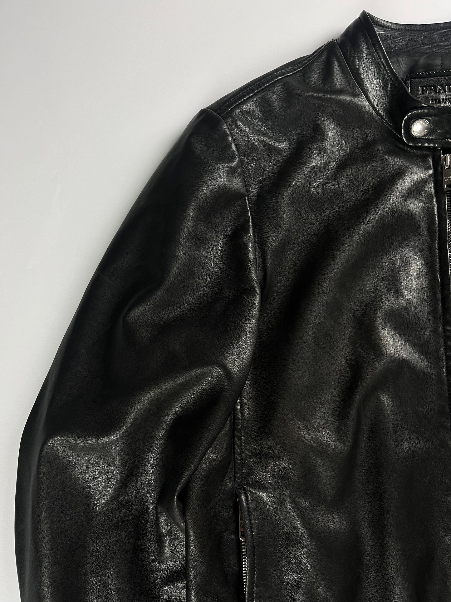 Prada Sample Shadow Black Textured Soft Leather Moto Jacket SS 2014 - M