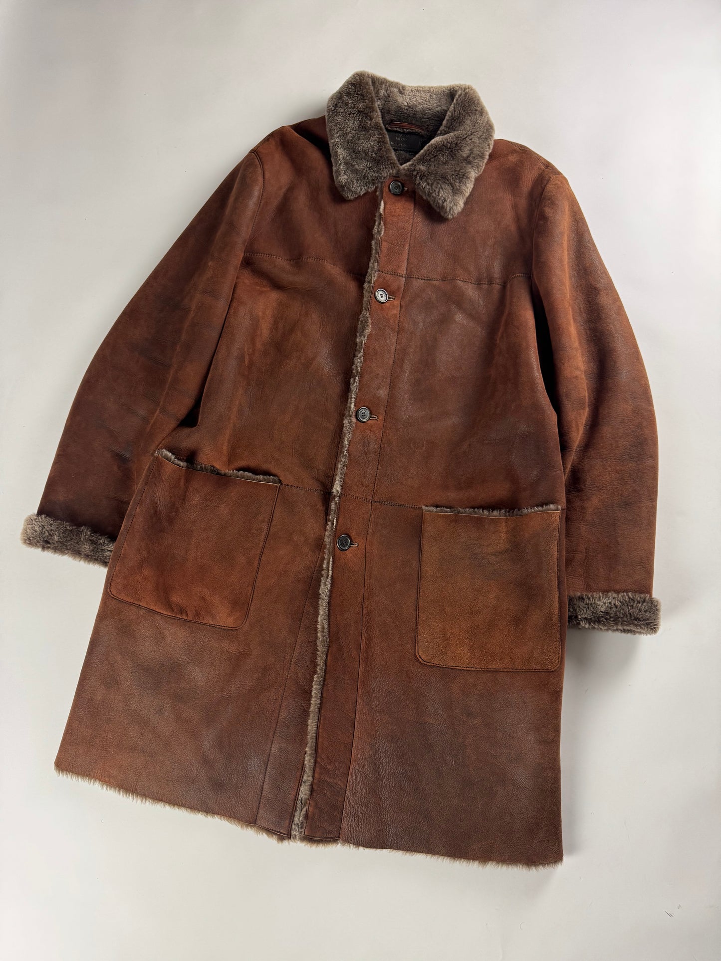 Prada Vulcan Brown Premium Inside Sheep Fur Long Shearling Leather Coat FW 2003 - L