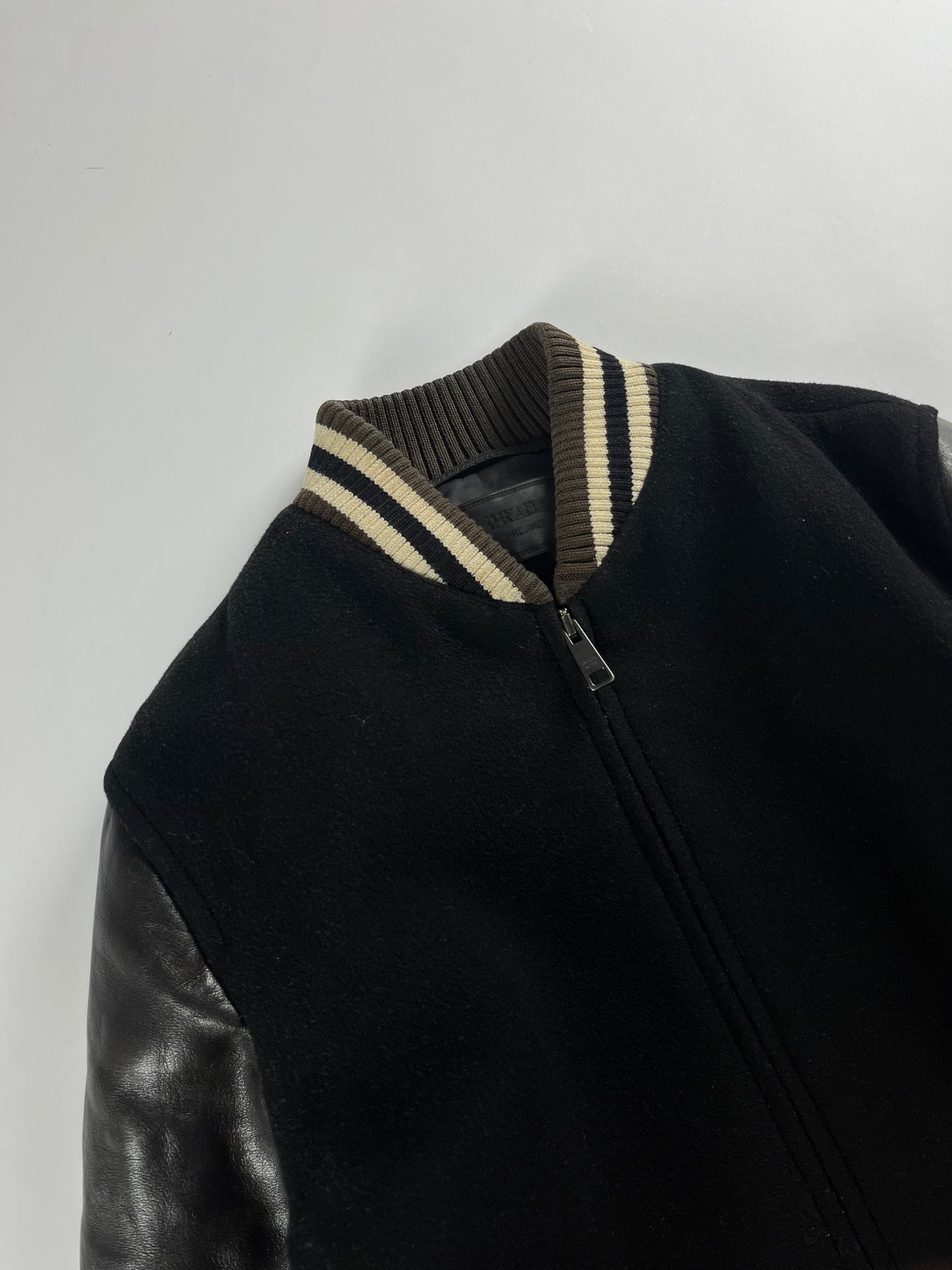 Prada Leather Sleeves Varsity Bomber Jacket FW 2014 - M