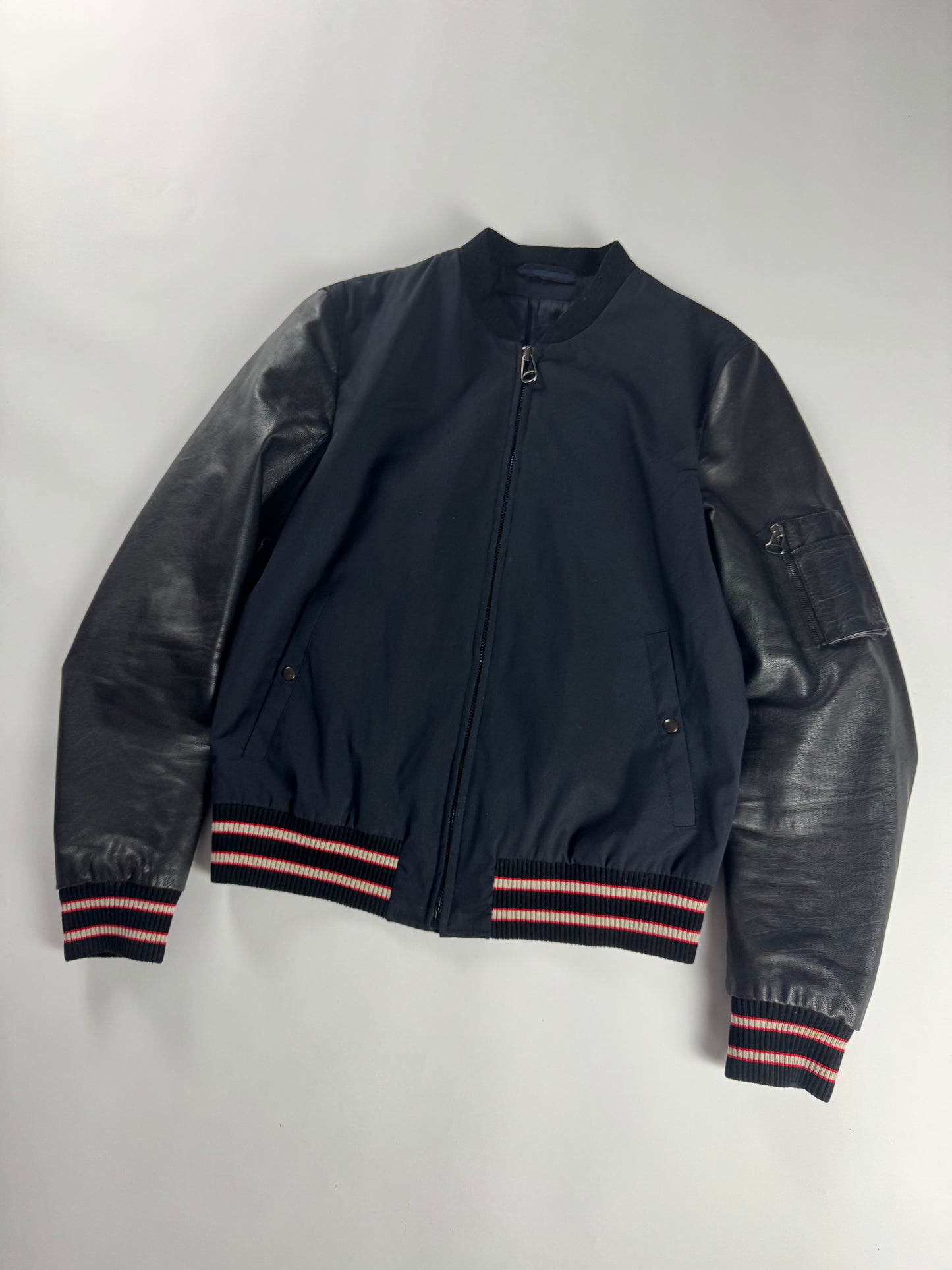 Lanvin Full Zip Leather Sleeve Bomber Jacket - M