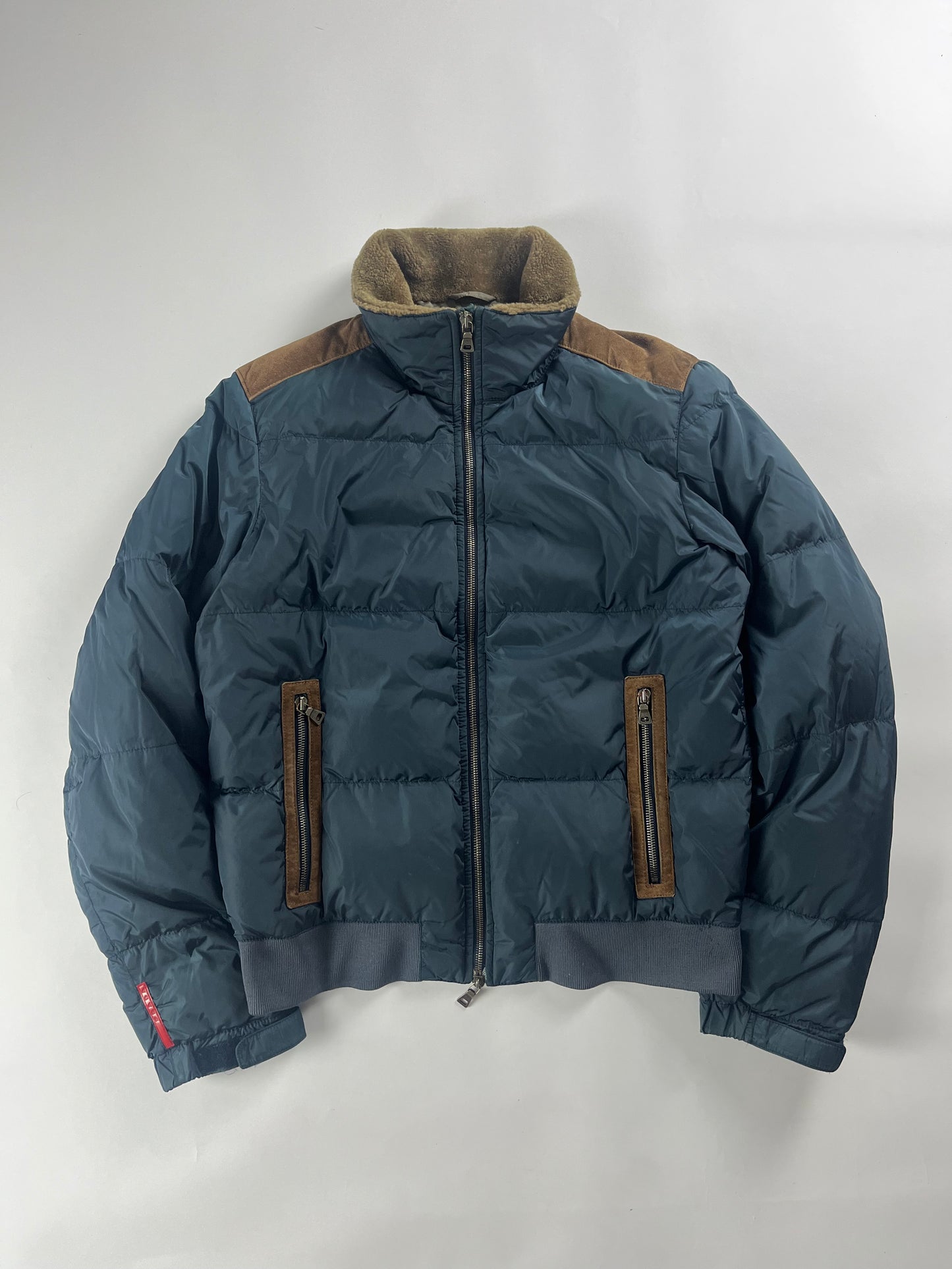 Prada Linea Rossa Puffer Blue Nylon Leather Patched Jacket 2000s - M