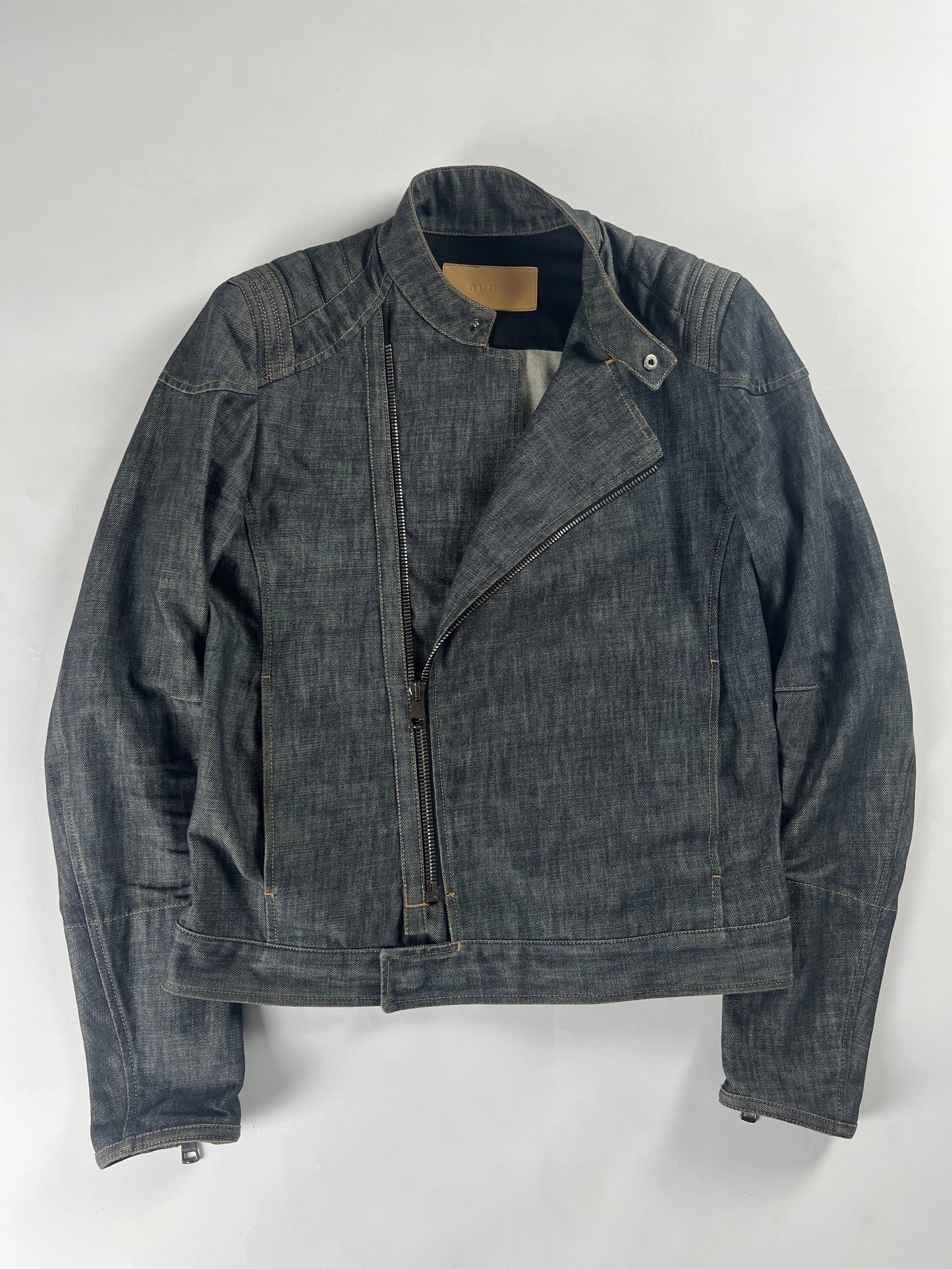 Gucci Asymmetrical Zip Raw Denim Biker Jacket SS 2002 - S