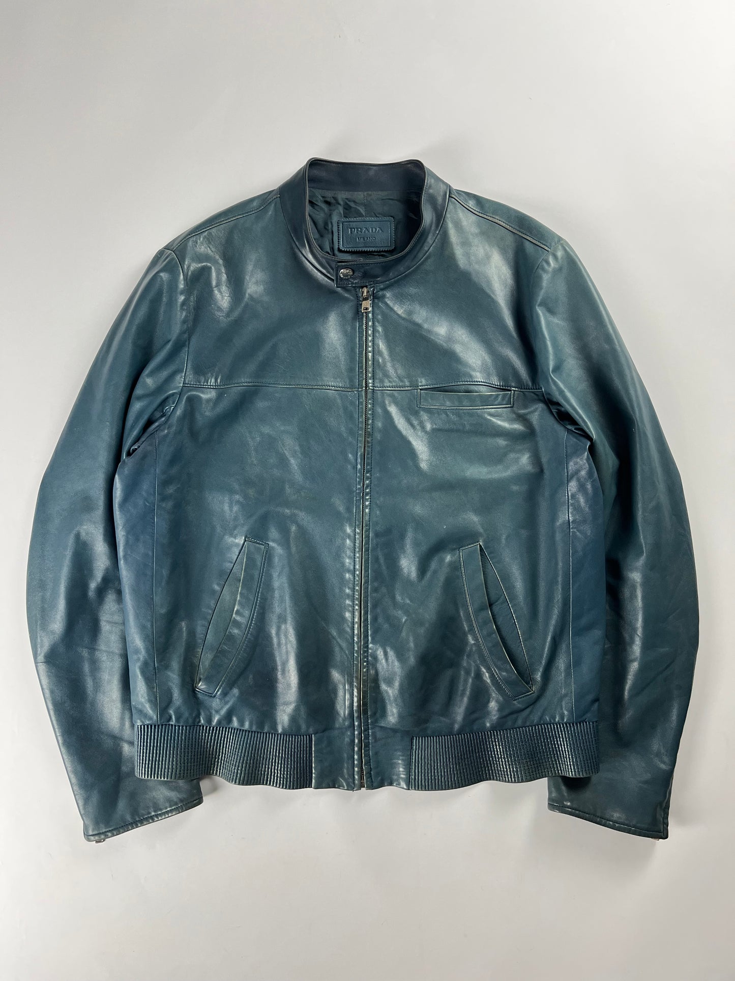 Prada Turquoise Blue Leather Moto Jacket FW 2014 - L