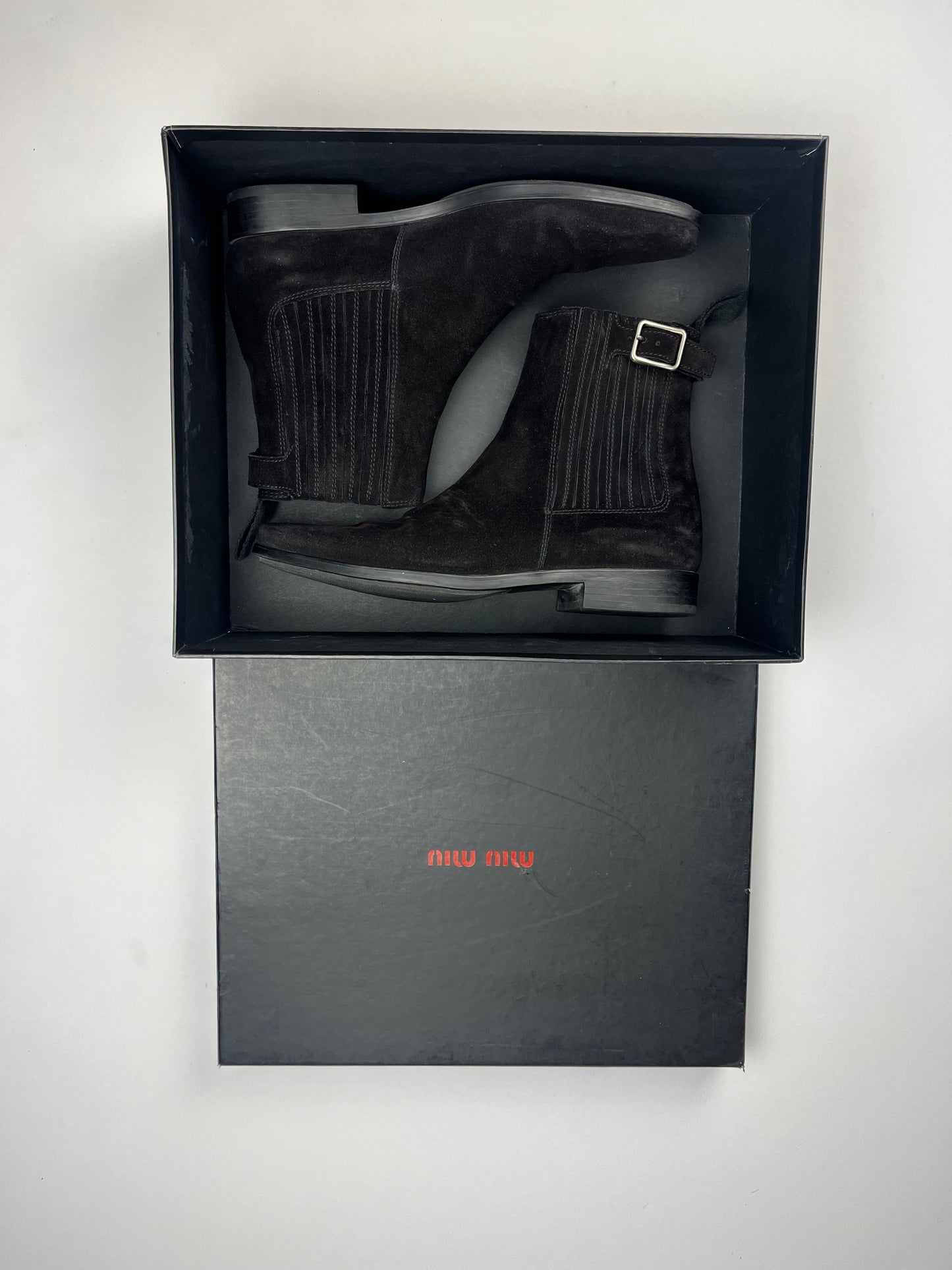 Miu Miu Chelsea Belted Black Suede Boots 2000s - 41 EU