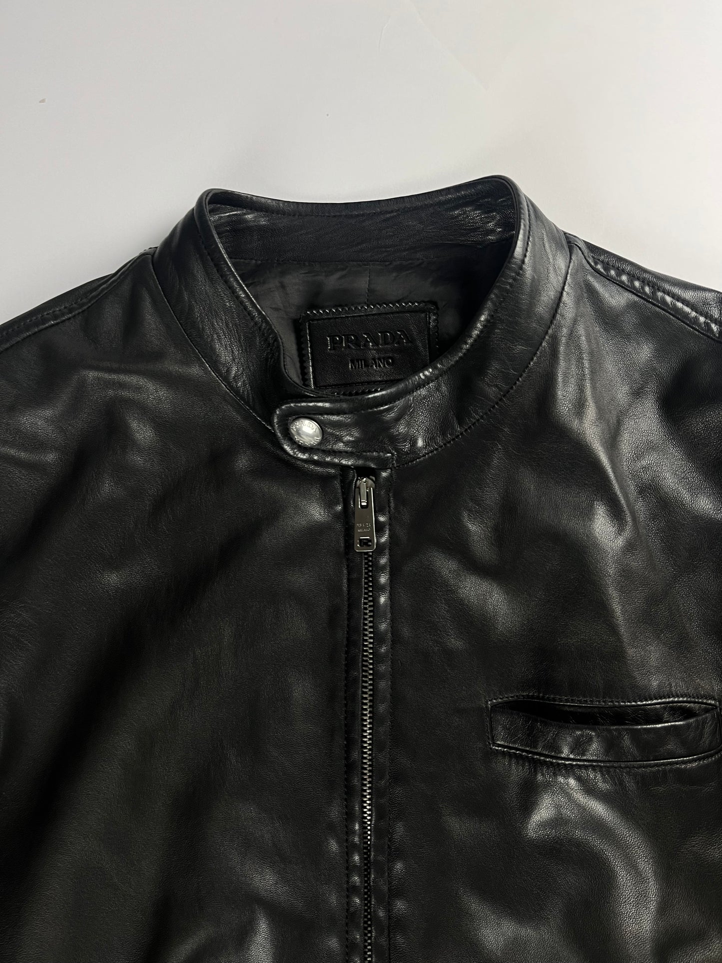 Prada Sample Shadow Black Textured Soft Leather Moto Jacket SS 2014 - M