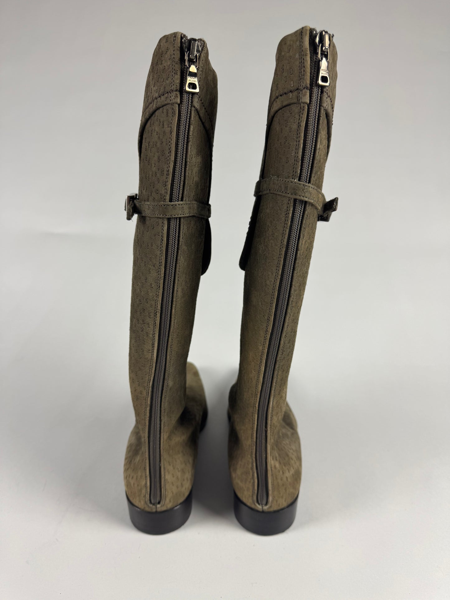 Prada Embossed Leather Pointed Toe Cavalier Belted High Boots FW 2000 - 36 IT/37 EU