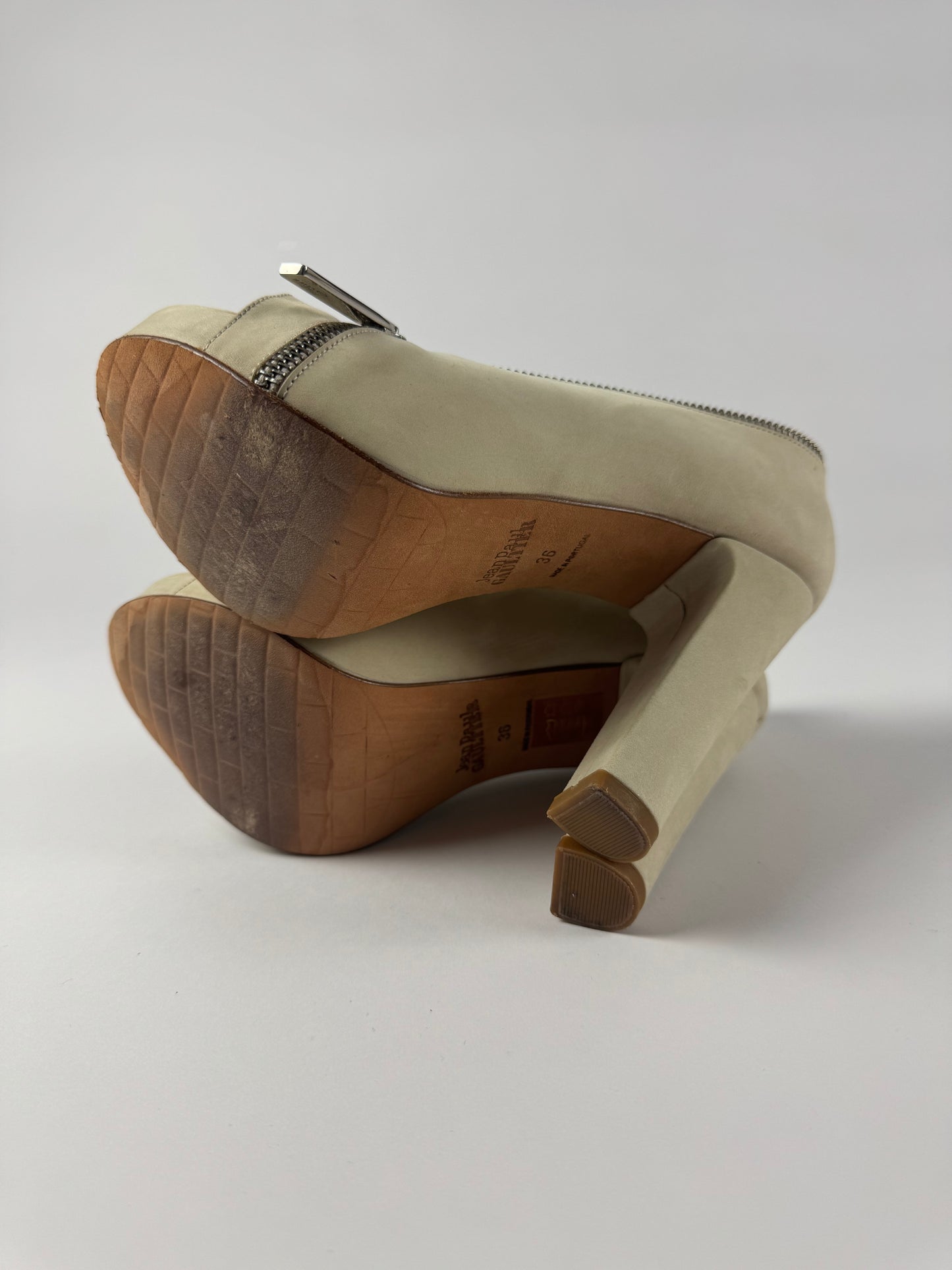 Jean Paul Gaultier Cream Suede Zipper Peep Toe Platform Block Heels - 36 EU