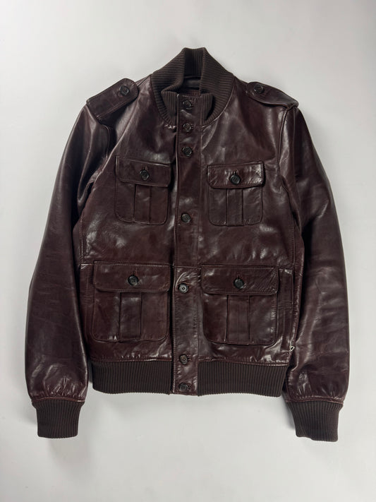Prada Marlboro Brown Multi Pocket Leather Bomber Jacket FW 2008 - M