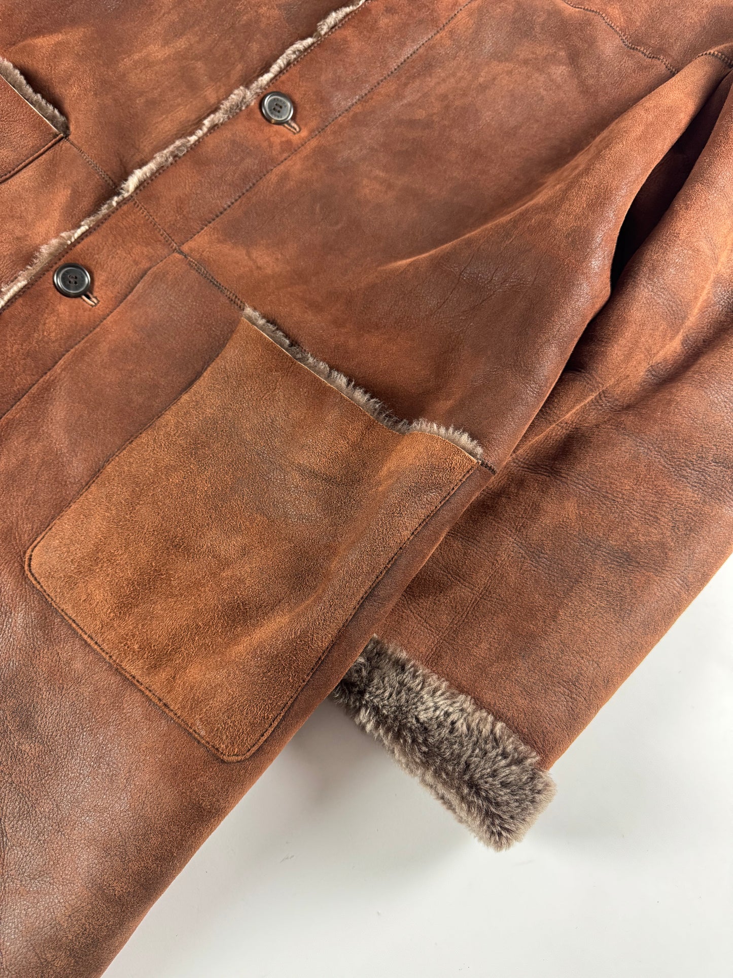 Prada Vulcan Brown Premium Inside Sheep Fur Long Shearling Leather Coat FW 2003 - L