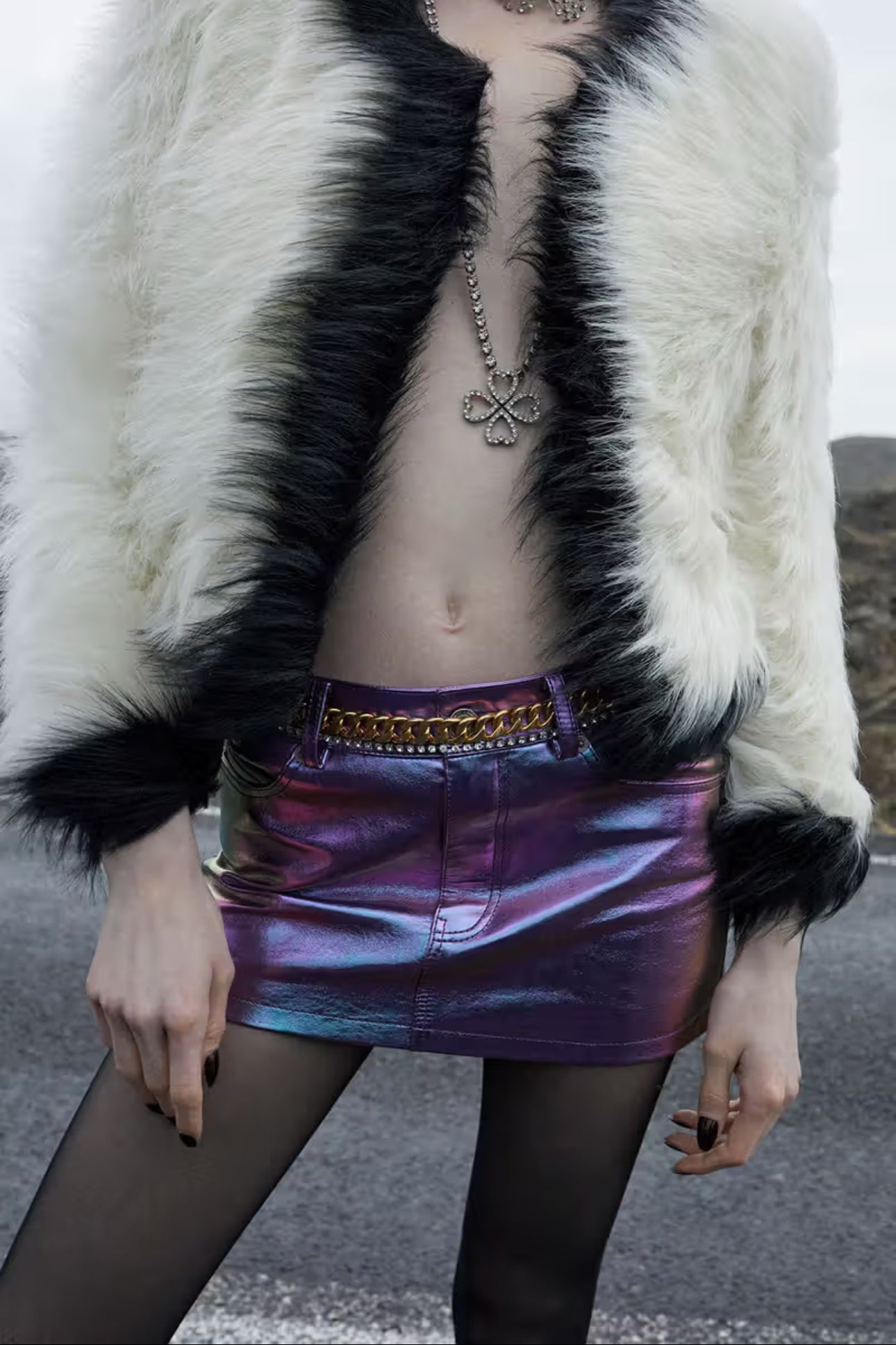 Saint Laurent Monochrome Cream Black Faux Fur Cropped Jacket FW 2021 - XS